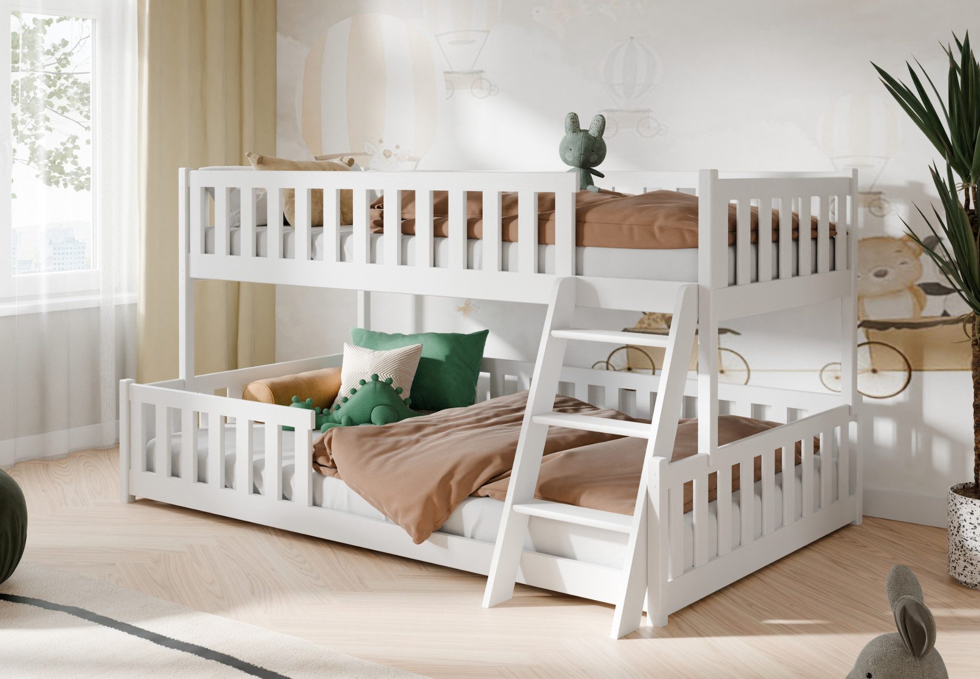 Kids Collective Etagenbett Hochbett Kinderbett 90x200/120x200 cm Rausfallschutz & Lattenrost, Mit Leiter, massives Kiefernholz, Weiß