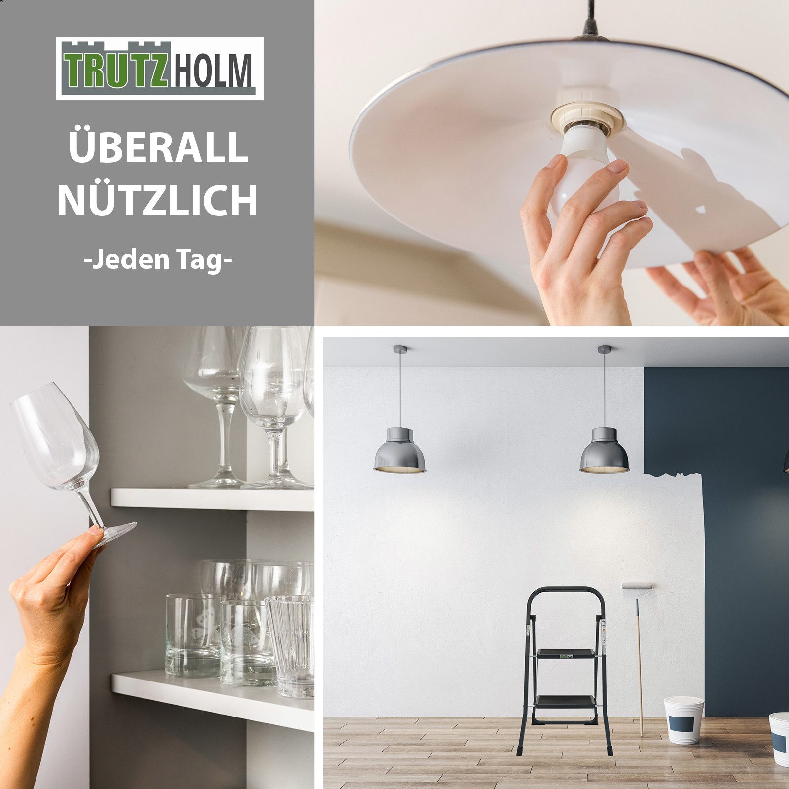 TRUTZHOLM Klapptritt Trittleiter 2-stufig klappbar TÜV/GS Trittflächen Klapptritt Leiter, Anti-Rutsch,150kg Belastbar