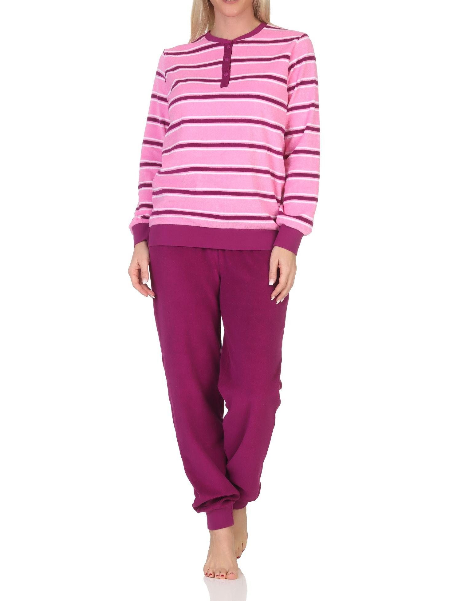 Pyjama Damen Frottee Schlafanzug mit Bündchen in pastelliger Streifen Optik