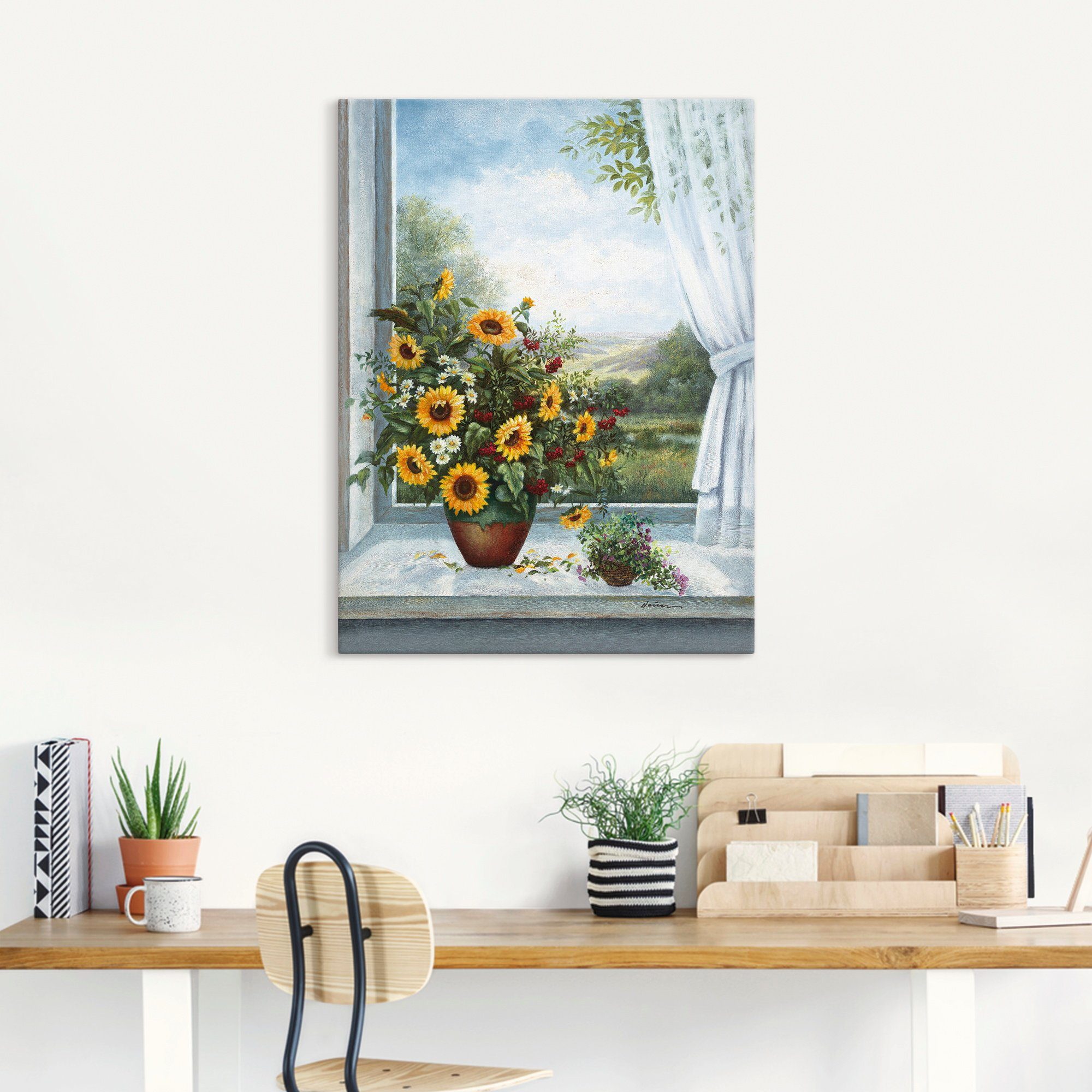Artland Leinwandbild Sonnenblumen am Fenster, Arrangements (1 St), auf Holzrahmen gespannt