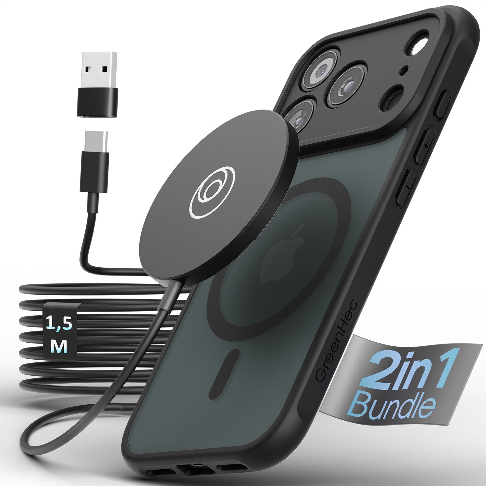 GreenHec Handyhülle Hülle + MagSafe Ladegerät iPhone 17 16 15 14 13 12 Pro Max Air, Wireless induktiv für Apple Schutzhülle Kabellos Schwarz Case