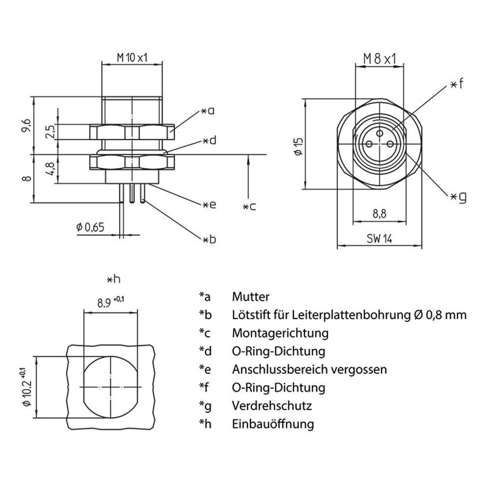 Lutronic Steckdose Lutronic 1221 Sensor-/Aktor-Einbausteckverbinder M8 Buchse, Einbau Po, 0821 04 T10CP