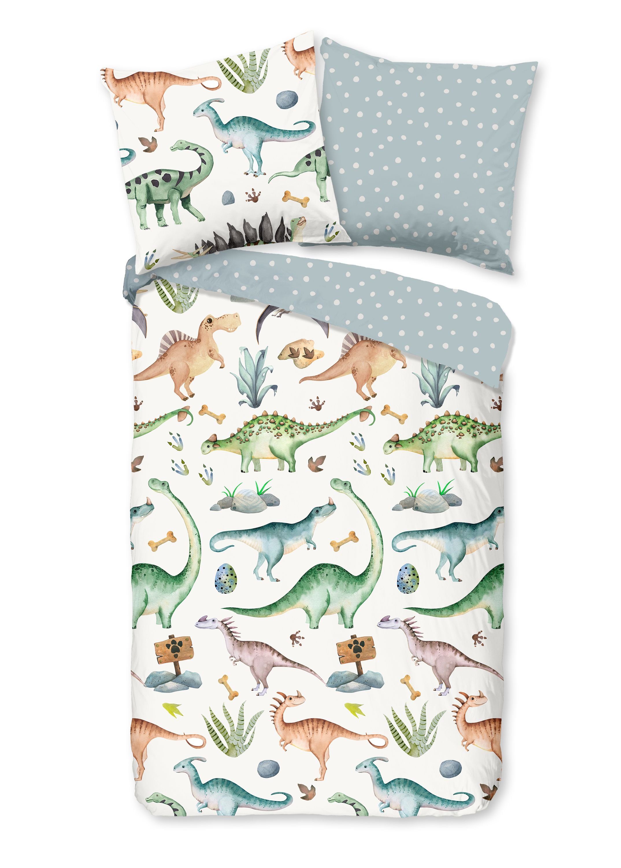 Traumschloss Bettwäsche Comfort Baumwolle, Flanell, 2 teilig, Dinosaurier, Punkte, blau