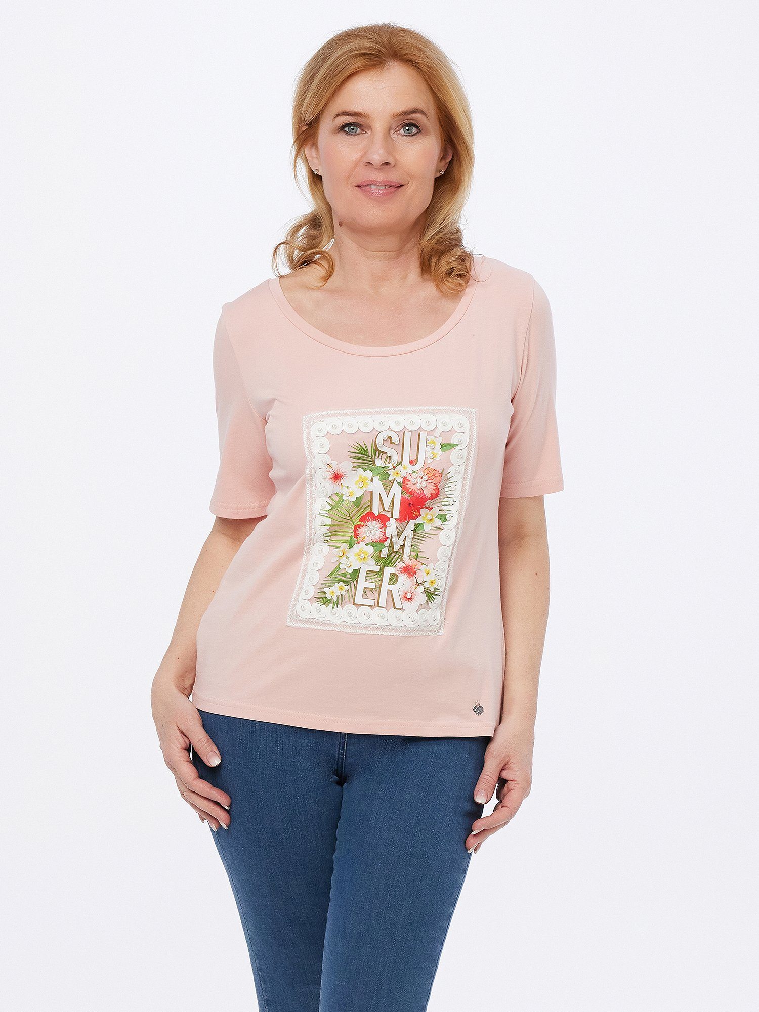 Christian Materne Print-Shirt mit Perlen- und Spitzenapplikation