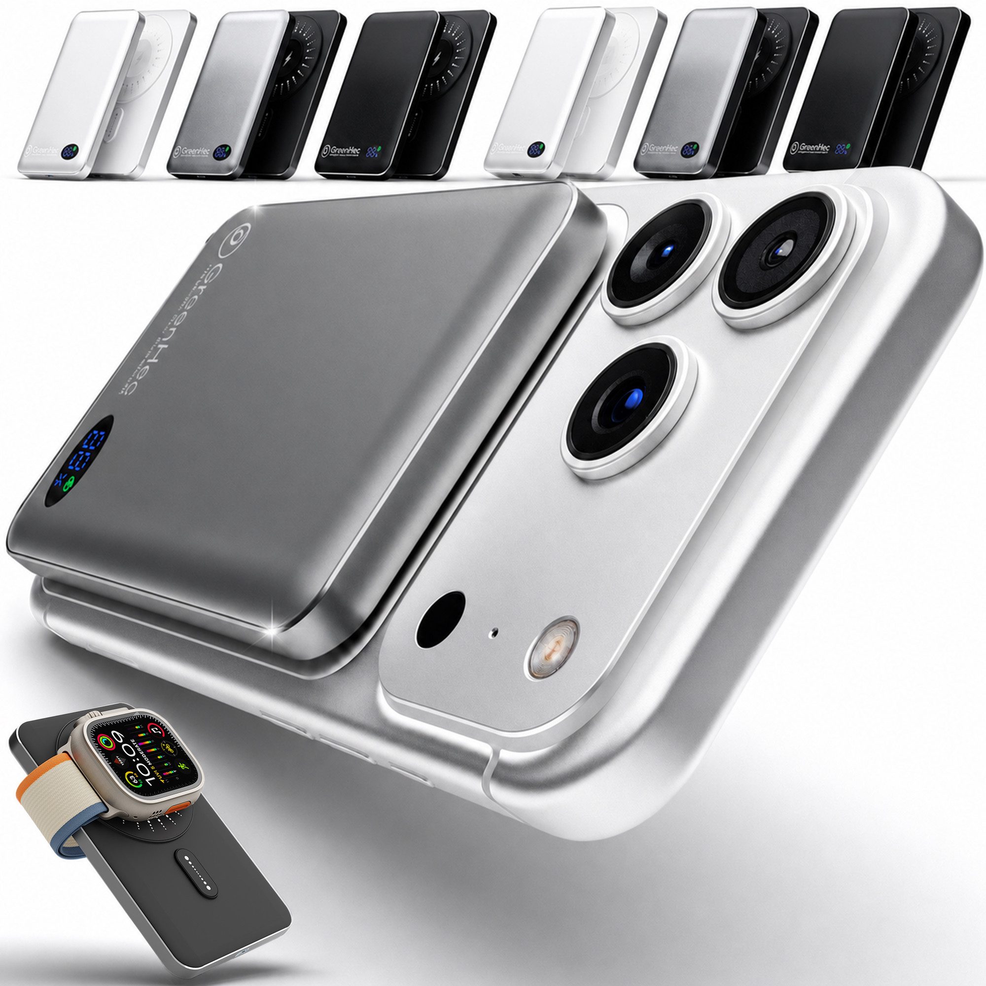 GreenHec Powerbank MagSafe iPhone 18 17 16 15 14 13 Pro Max Power Bank Wireless Powerbank MagSwift Duo Powerbank A 10000 mAh (1,5 V), Magnetische 10000mAh 5000mAh Induktiv Batterie Kabellos Laden Slim Air