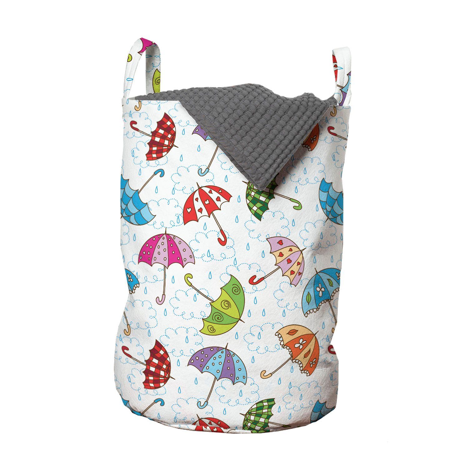 Abakuhaus Wäschesäckchen Wäschekorb mit Griffen Kordelzugverschluss für Waschsalons, Regen Bunte Regenschirme Doodle
