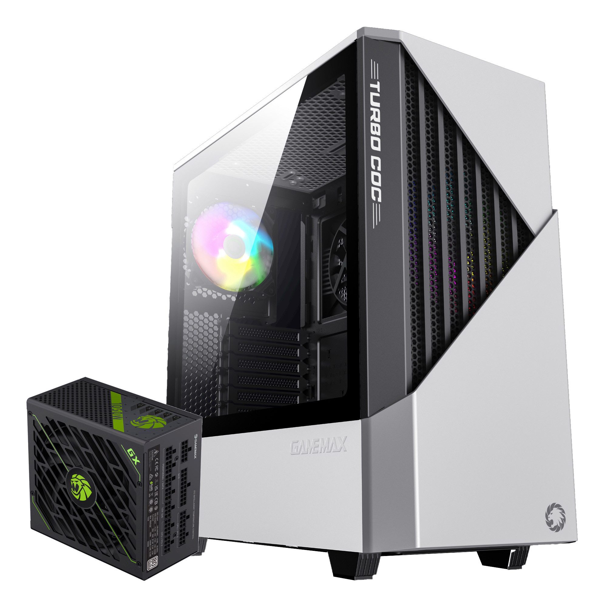 GAMEMAX Gaming-Gehäuse Contac COC Midi-Tower 2x USB3.0 HD-Audio, ATX, gehärtetes Glas, 1050W 80+ Platinum Netzteil vorinstalliert