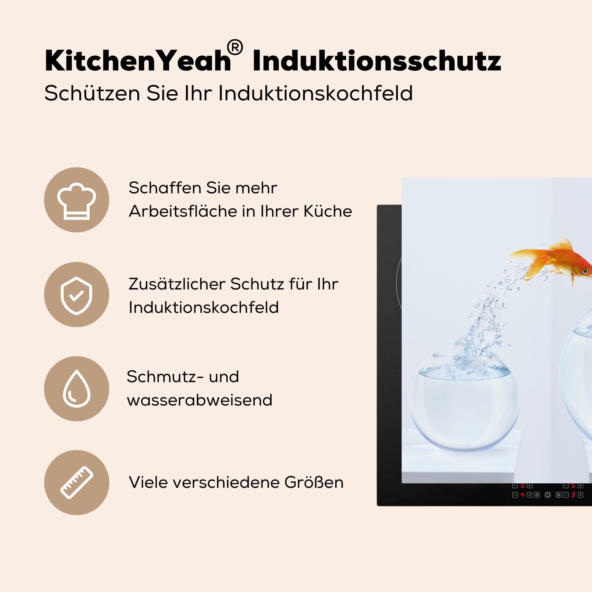 küche (1 Arbeitsplatte - Weiß Fischglas, cm, Ceranfeldabdeckung, Herdblende-/Abdeckplatte für Vinyl, Goldfisch 78x78 MuchoWow - tlg),