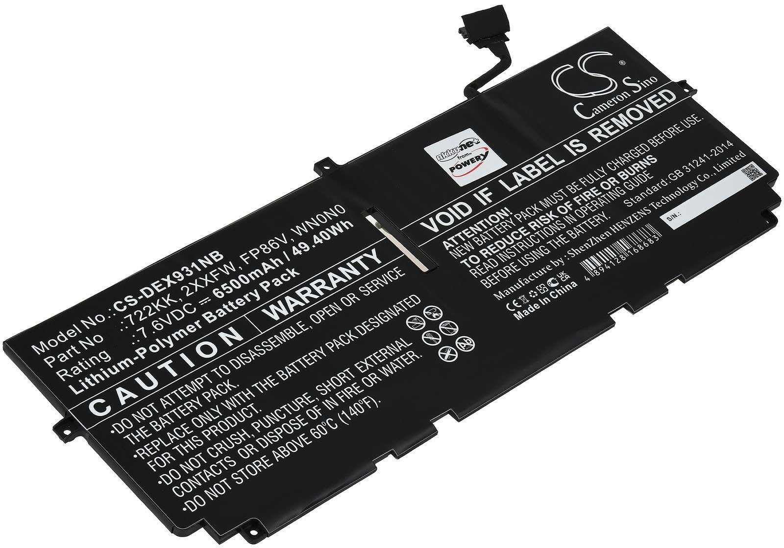 Powery Akku für Dell XPS 13 9300 2020 Laptop-Akku 6500 mAh (7.6 V)