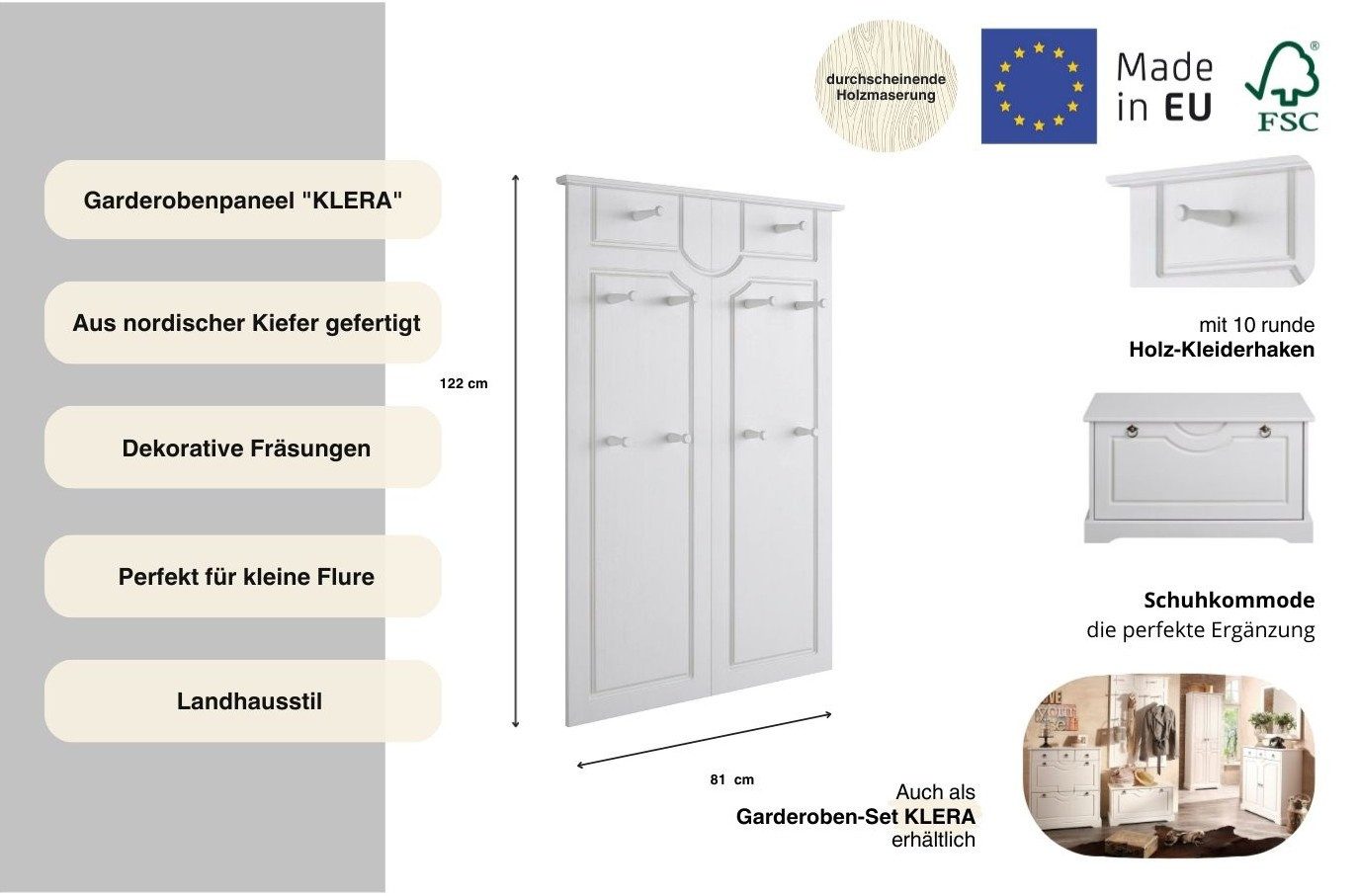 OTTO home Garderobenpaneel Klera, mit dekorativen Fräsungen, Kiefer, Landhausstil (Made in Europe), Mit 10 Kleiderhaken, aus massiver Kiefer – Bild 3 von 5