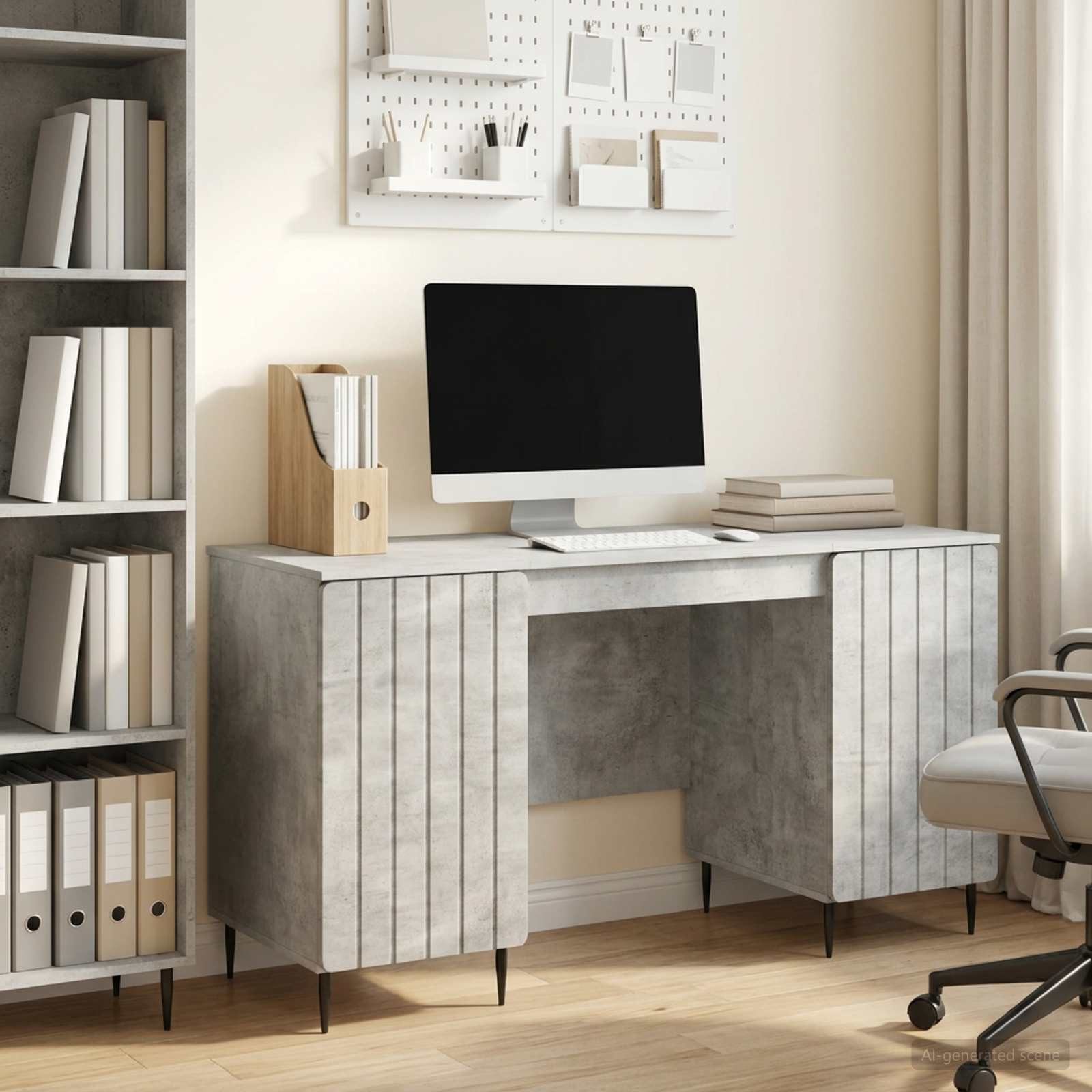 furnicato Schreibtisch 142,5 x 50 x 75 cm Betongrau (1-St), Arbeitstisch mit 2 Regalböden und Schwenktüren für dein Wohnzimmer