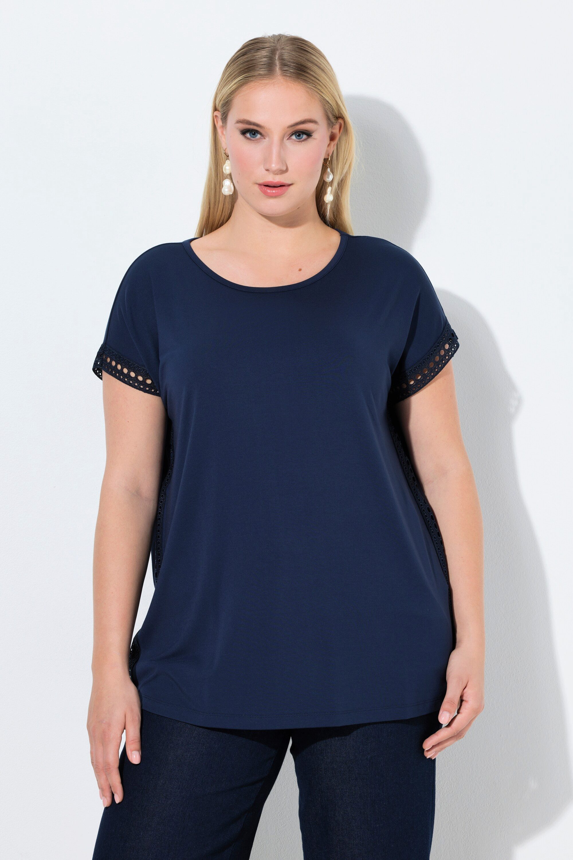 Ulla Popken T-Shirt T-Shirt Lochspitze Classic Rundhals Halbarm günstig online kaufen