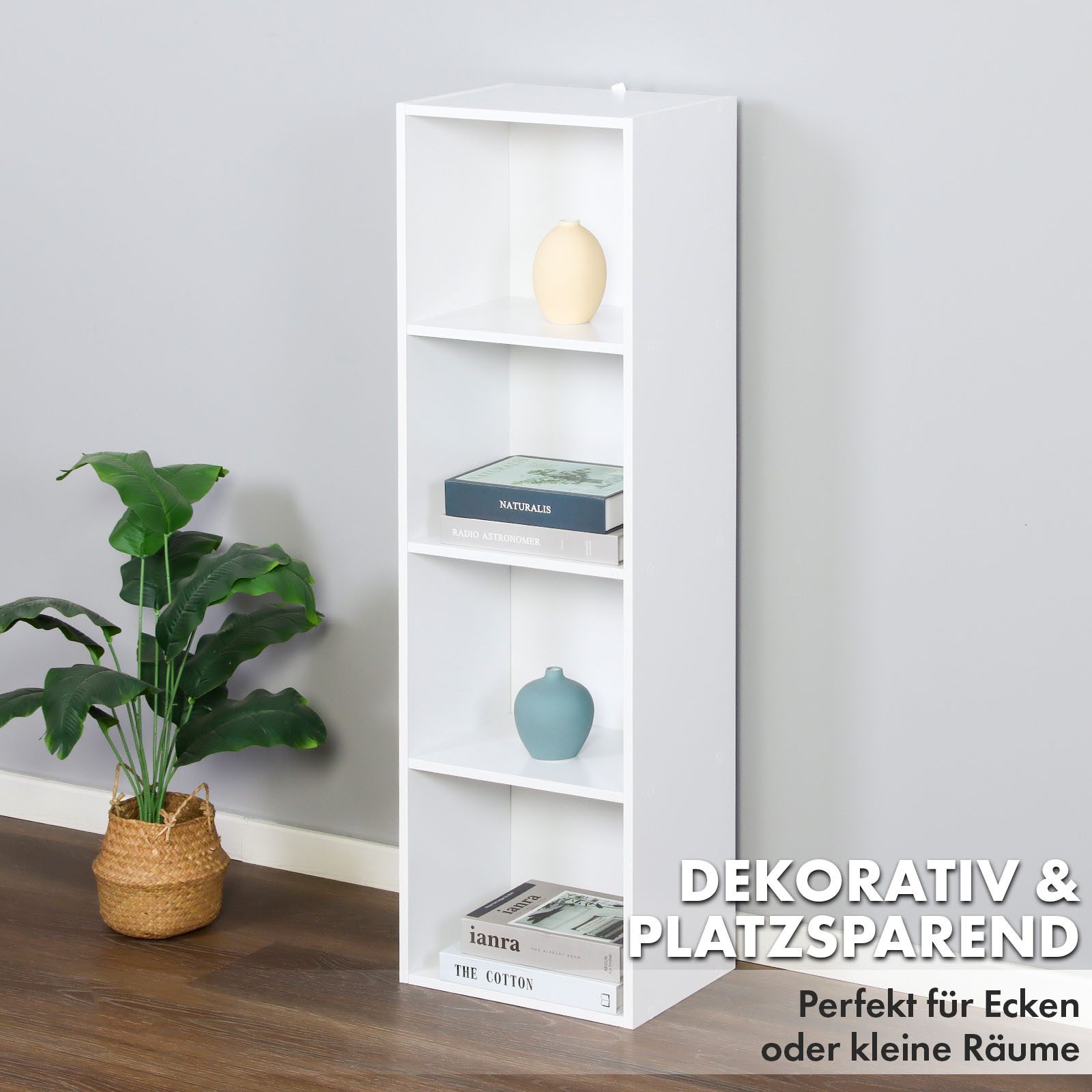 Floordirekt Bücherregal Alaska in 2 Größen, weißes Regal aus MDF, platzsparend & schmal, 4 Etagen, 32 x 24 x 106 cm 1-tlg., stehendes Regal für alle Räume, Anit-Kipp-Sicherung, stabile Bauweise