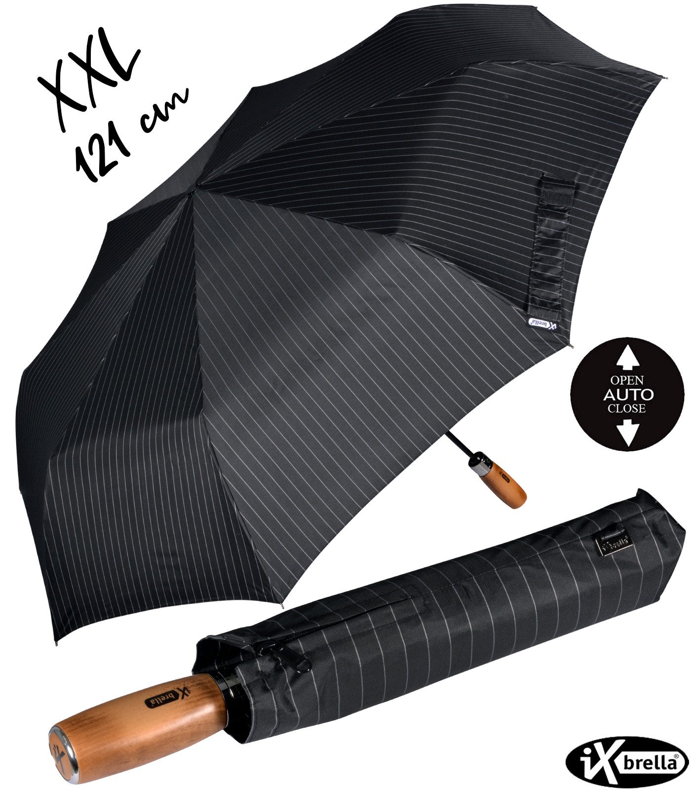 iX-brella Taschenregenschirm XXL 121 cm Durchmesser mit Auf-Zu-Automatik, mit echtem Holz-Stabgriff
