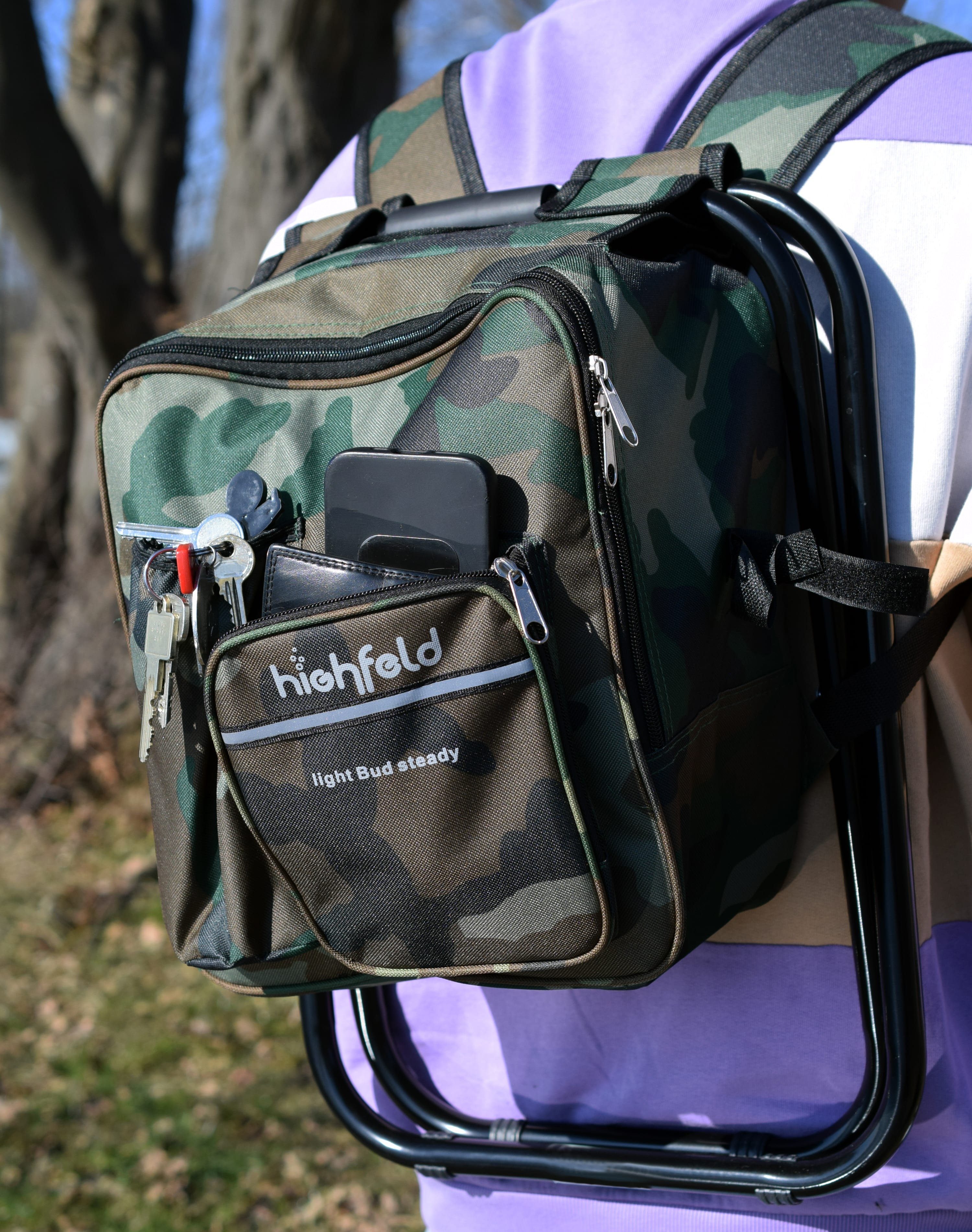 highfeld Campinghocker Camping Hocker mit Rucksack black (1 Stück), mit integrierter Kühltasche