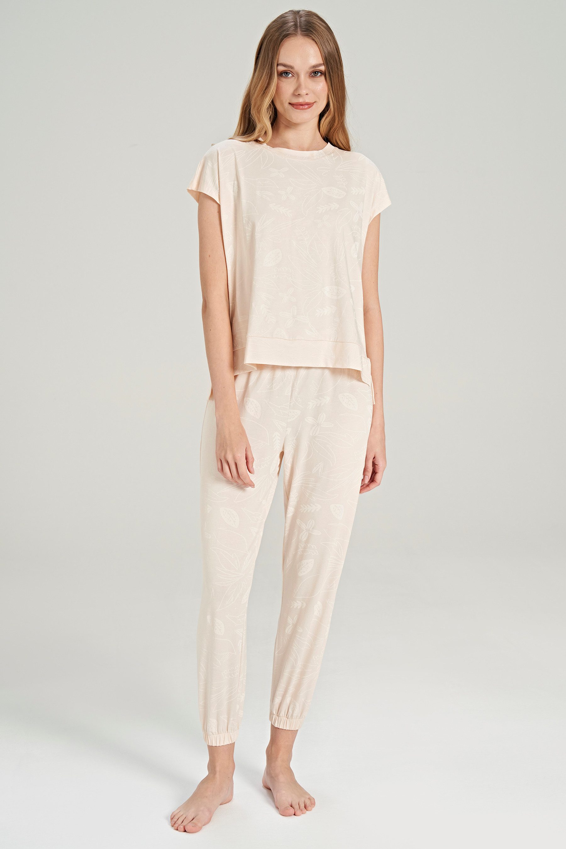 FEYZA Capri-Pyjama Damen Baumwoll-Pyjama-Set mit Blattmuster – 2-teilig, Beige