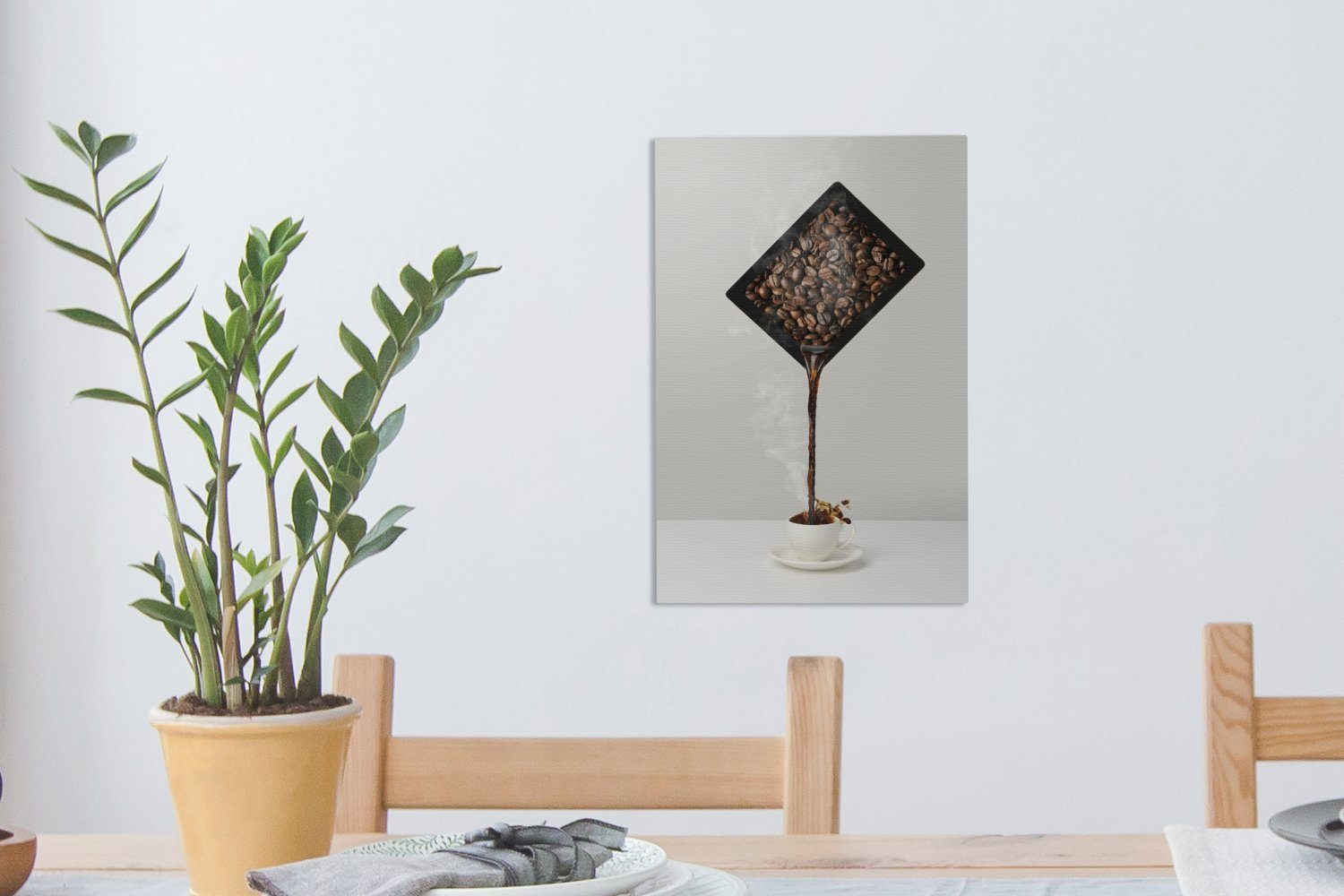 Tablette, Zackenaufhänger, bespannt auf Kaffeebohnen cm OneMillionCanvasses® Leinwandbild St), Gemälde, fertig 20x30 einer (1 inkl. Leinwandbild