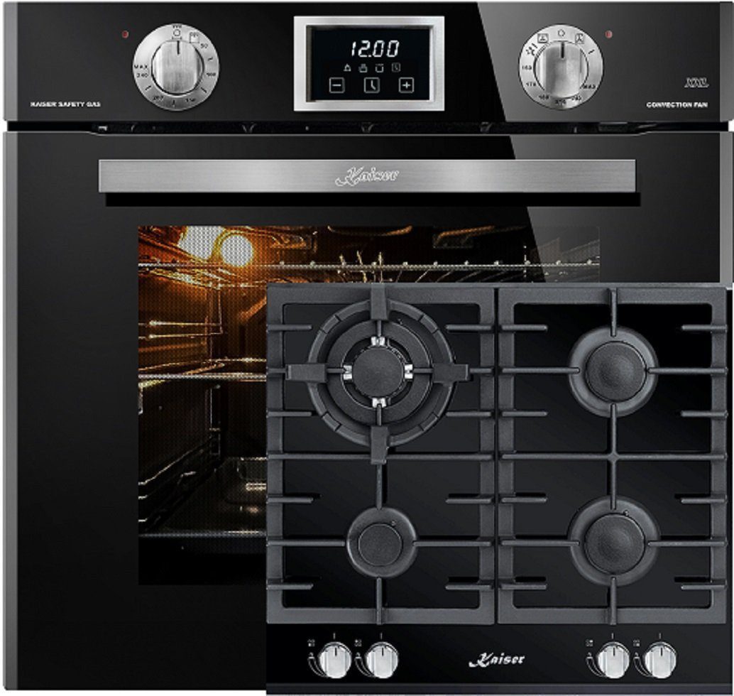 Kaiser Küchengeräte Backofen-Set Herd Set Autark Einbau Gasbackofen Autark, 79L, 60 cm+Gas-Kochfeld 60 cm 4 Brenner WOK 3,8 kW WOK EG 6374 SP+KCG 6380.., mit 1-fach-Teleskopauszug