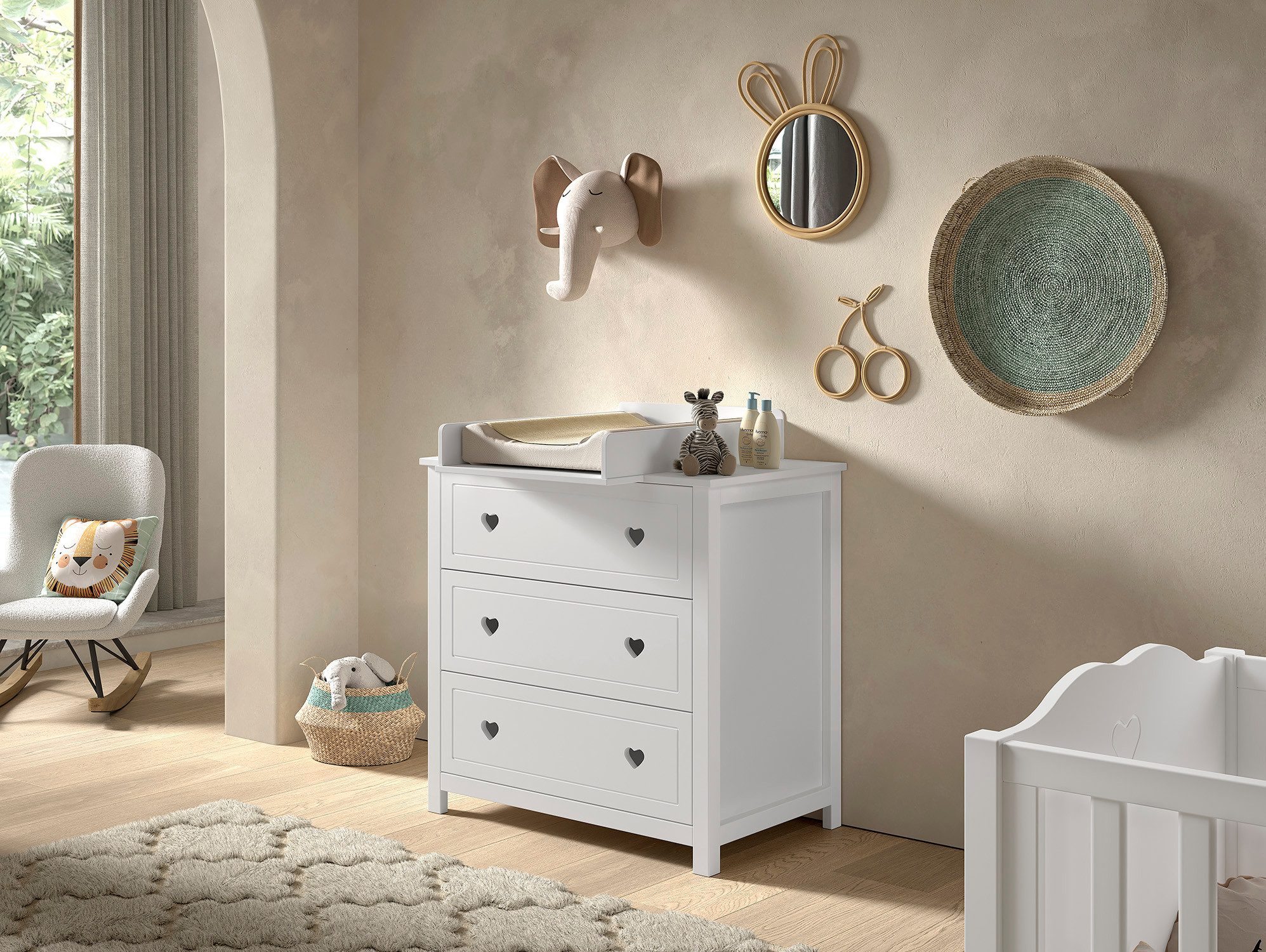 Vipack Kommode Amori mit 3 geräumigen Schubladen, hier haben Sie alles griffbereit (2 St), inkl. Wickelaufsatz aus massiver Kiefer, Kommode aus MDF weiß lackiert