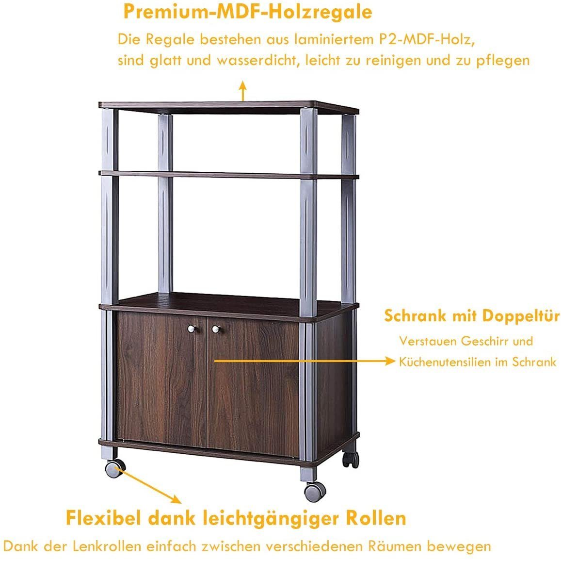 60x40x98cm Rollen, & Türen Fächern, mit auf Dunkelbraun Küchenregal, COSTWAY