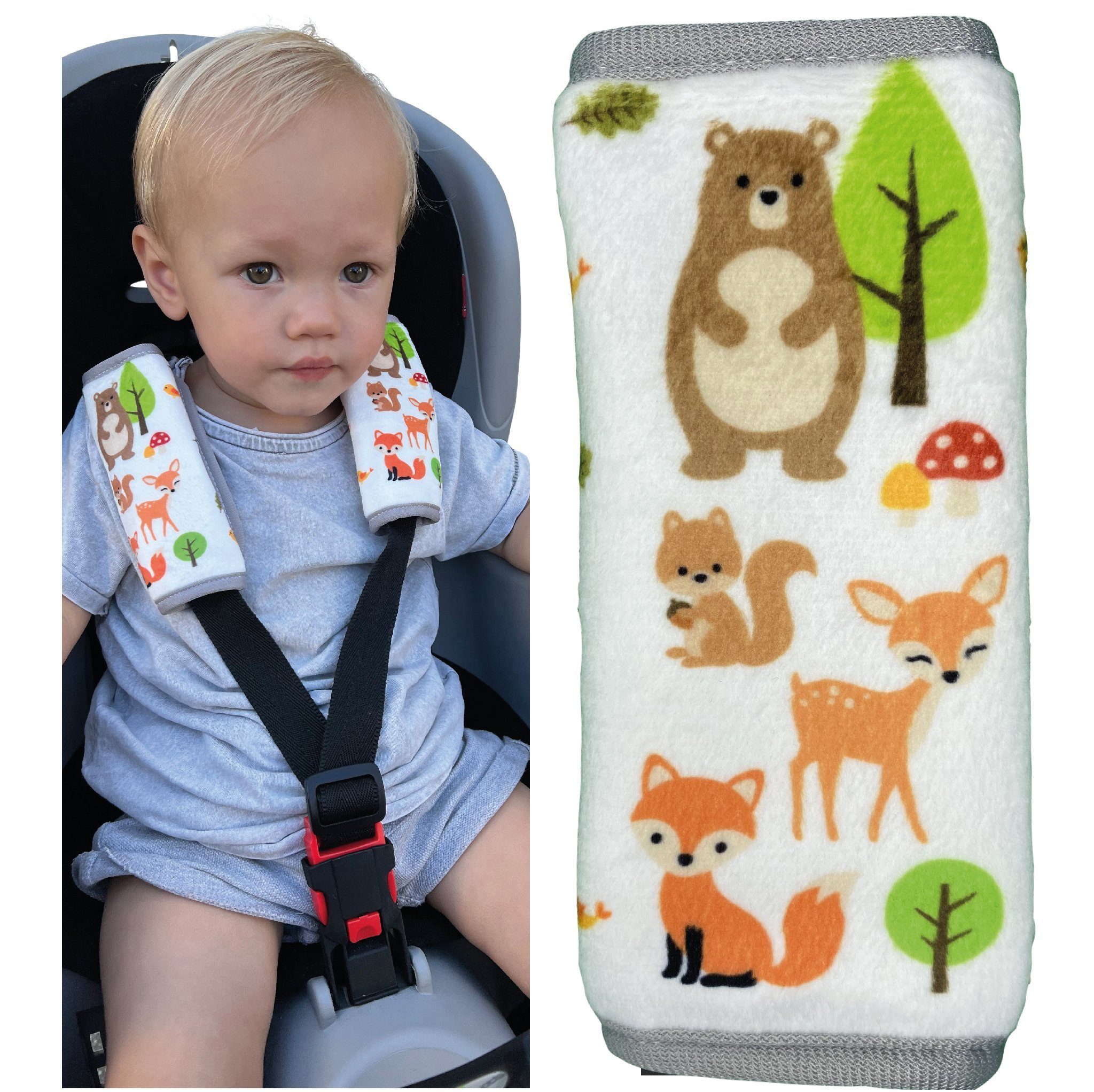 HECKBO 2x Hals, Gurtpolster Gurtschutz für Baby Auto Trageschale Schlafkissen Kinderwagen Waldtiere