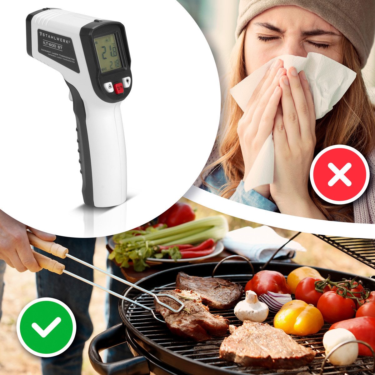 STAHLWERK Feuchtigkeitsmesser Infrarot Laser Thermometer -50C° - 600°C Pyrometer Temperaturmessgerät, (Set, Set), Temperaturbereich von -50C° bis 600°C – Bild 5 von 5