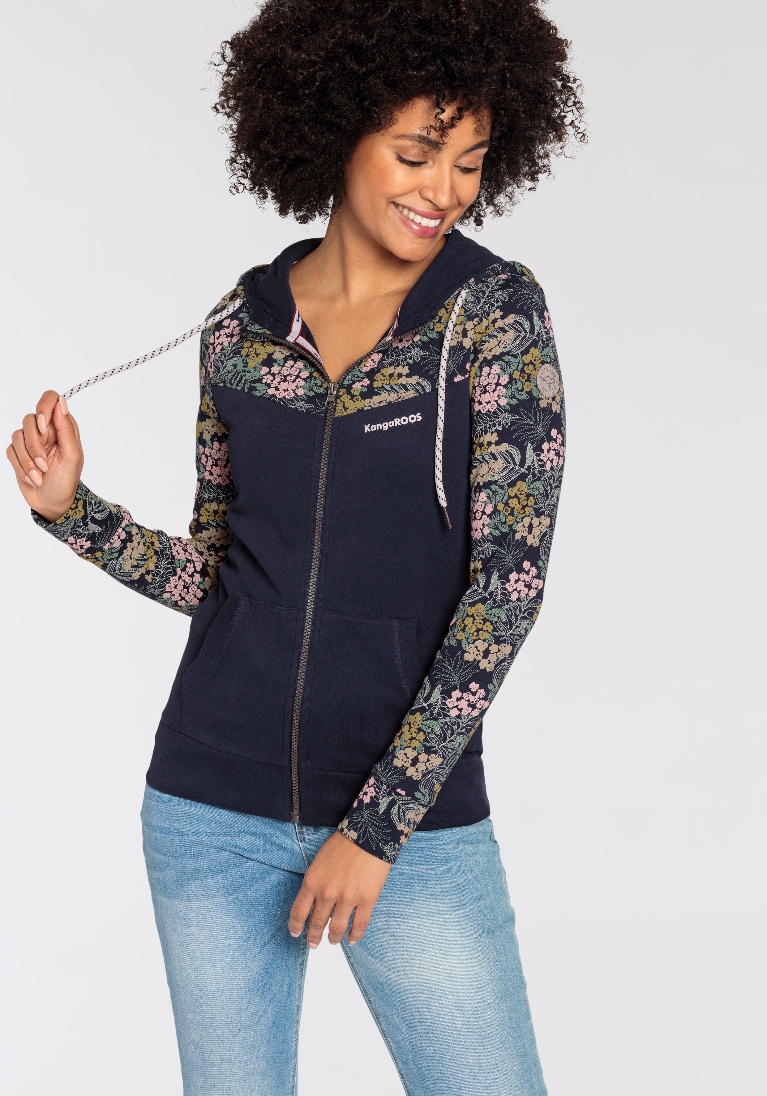 Alloverdruck-NEUE-KOLLEKTION Blumen Kapuzensweatjacke KangaROOS mit