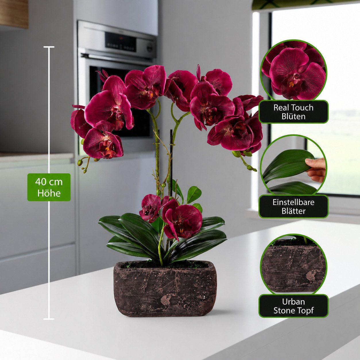 Kunstorchidee PASCH® Orchidee künstlich wie echt (40cm) in Urban Stone Töpfen Orchidee, PASCH, Real Touch Blüten, Handgefertigter Stone Cube