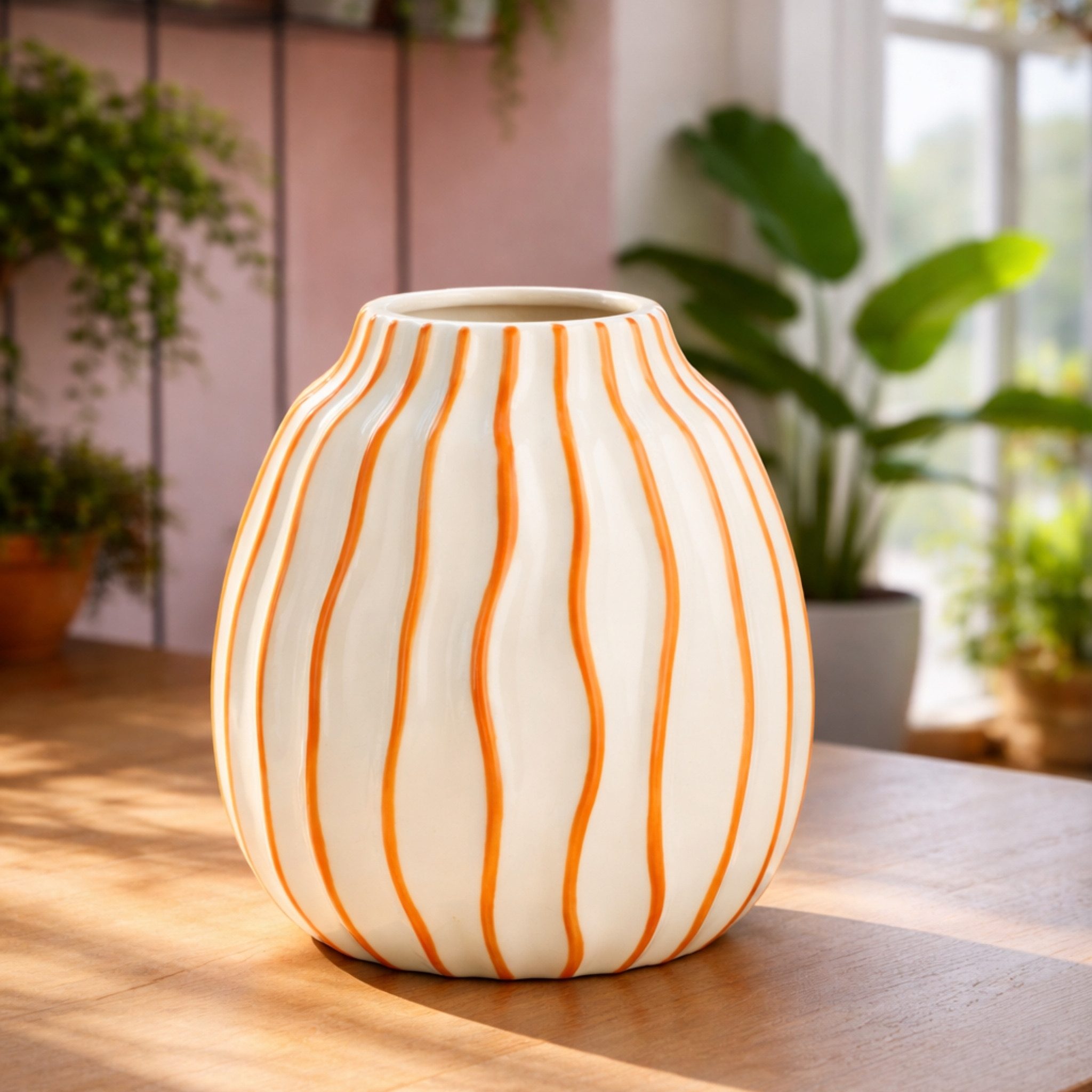 matches21 HOME & HOBBY Dekovase Keramik-Vase Orange-Weiß gestreift Dopamine Deko, in 18 cm (1 St), Moderne bunte Dekovase für Wohnzimmer