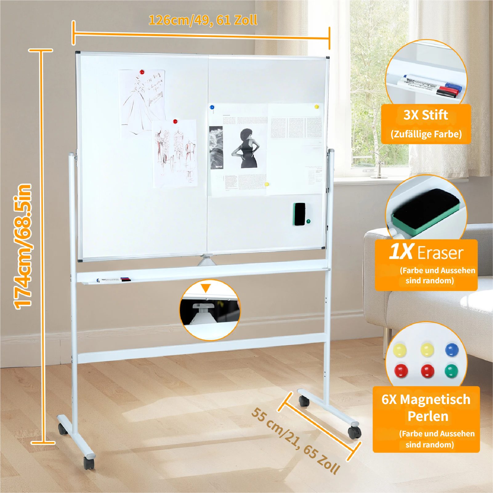 Rutaqian Whiteboard Marker 90 x 120 cm mobiles Whiteboard, doppelseitiges Roll-Whiteboard