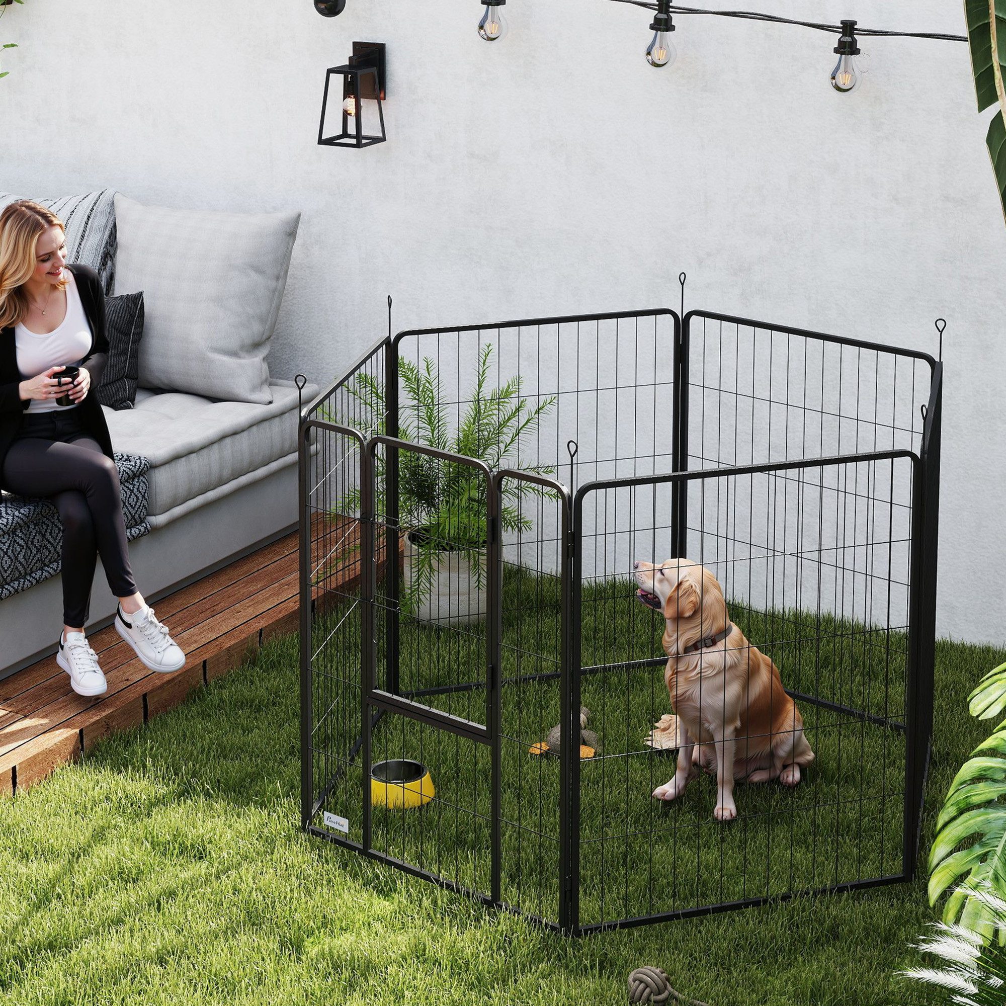 PawHut Freigehege Welpenlaufstall 6-TLG 100cm hoch Welpenauslauf, mit Tür, für kleine, mittelgroße und große, Stahl, Grau
