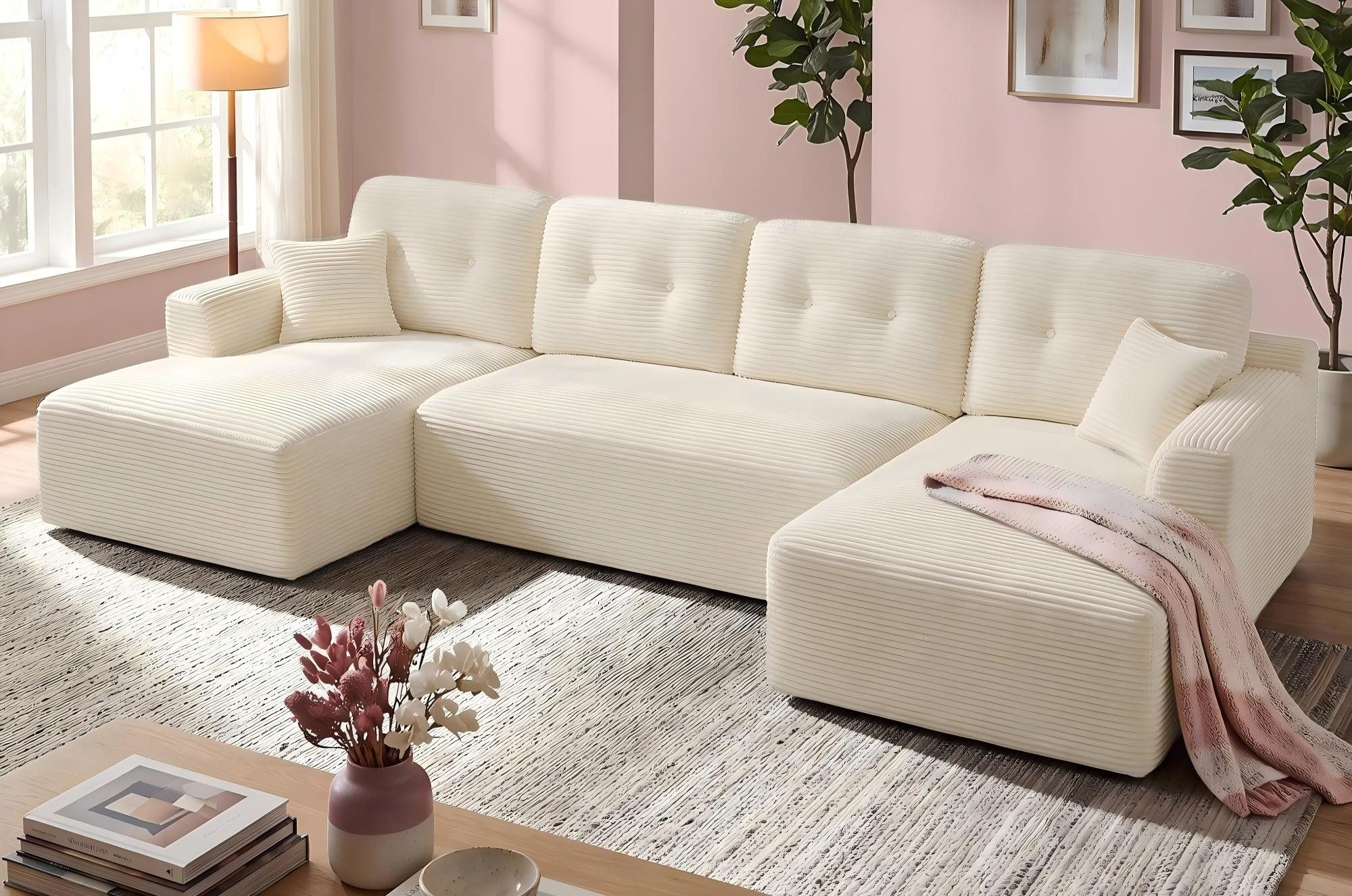 VASAGLE Wohnlandschaft U-Form, 6-Sitzer Modulares Cord Sofa, mit Kissen B: 336 cm, flexibel kombinierbar, Ecksofa,Schlafsofa für Wohnzimmer, Couch L-Form