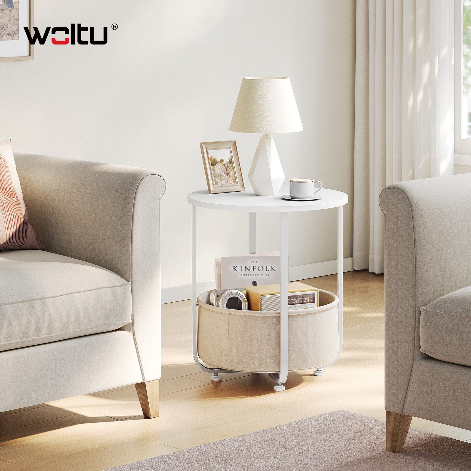 Woltu Beistelltisch, klein, mit abnehmbarem Stoffkorb, für Wohnzimmer Schlafzimmer