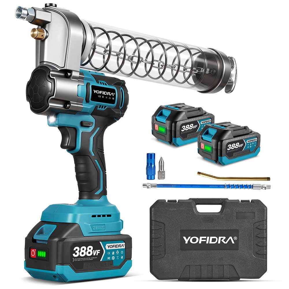 Yofidra Akku-Fettpresse 15.000 PSI Elektrische Kartuschenpistole Bürstenlos Fettpresse Kit, 620 ml, 2 Akkus, für Hydraulik, Maschinen, Fahrzeuge, Landwirtschaft & Bau