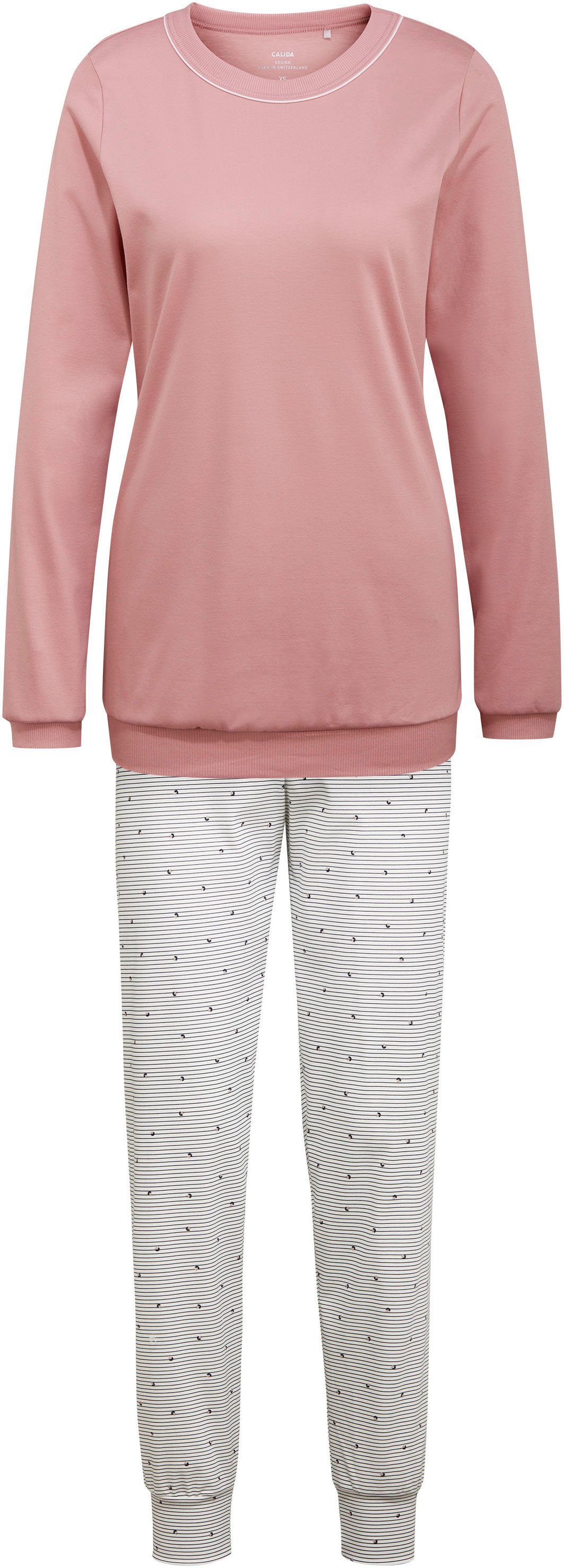 Blümchen rose Sweet auf Bündchen-Pyjama, Streifen bud Hose feine kleine Schlafanzug Dreams CALIDA der und