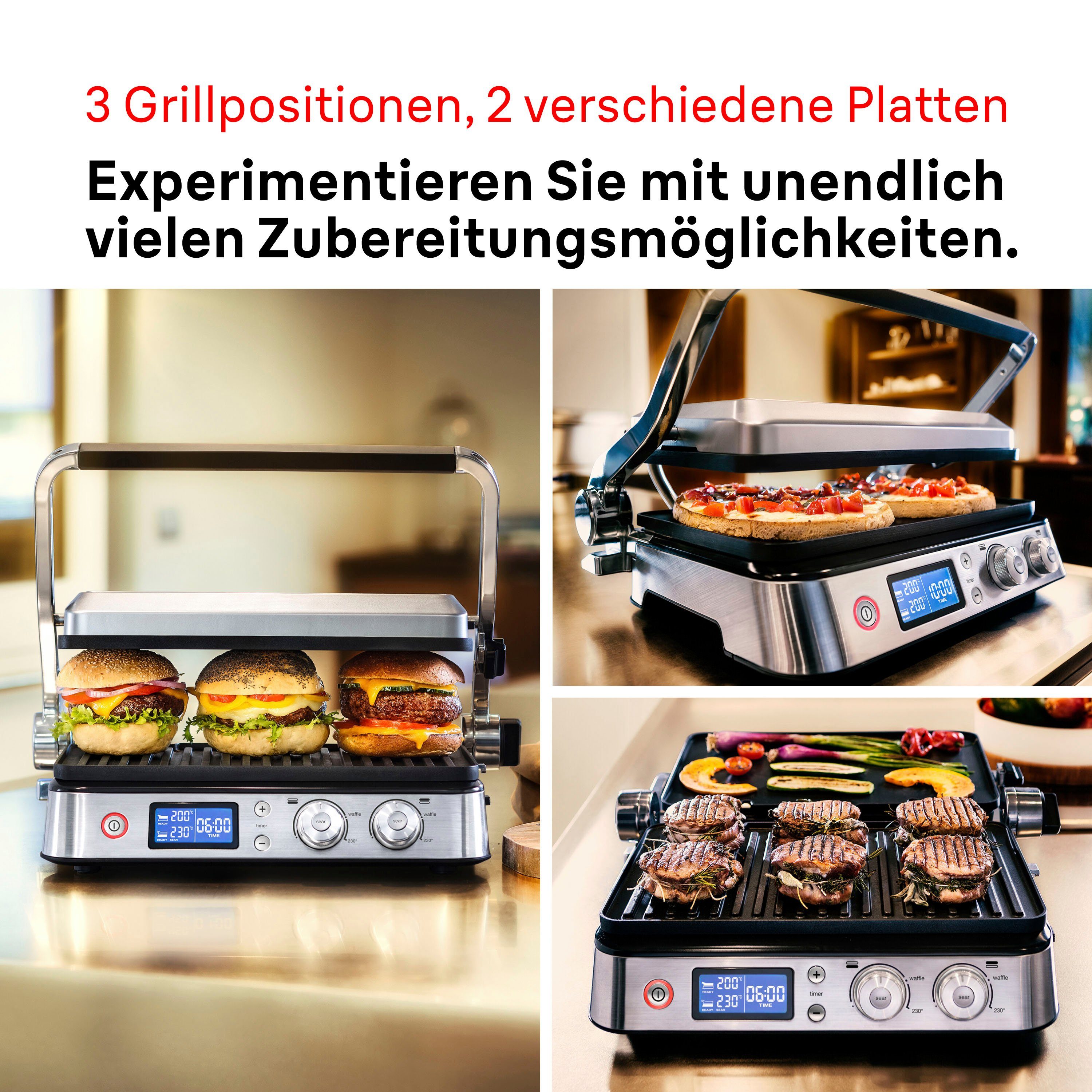 Braun Kontaktgrill MultiGrill 9 CG 9043 - 3 Kochpositionen, bis 250°C, 16 Burger Patties, 2000 W, Spülmaschinenfeste Platten + individuell temperierbar