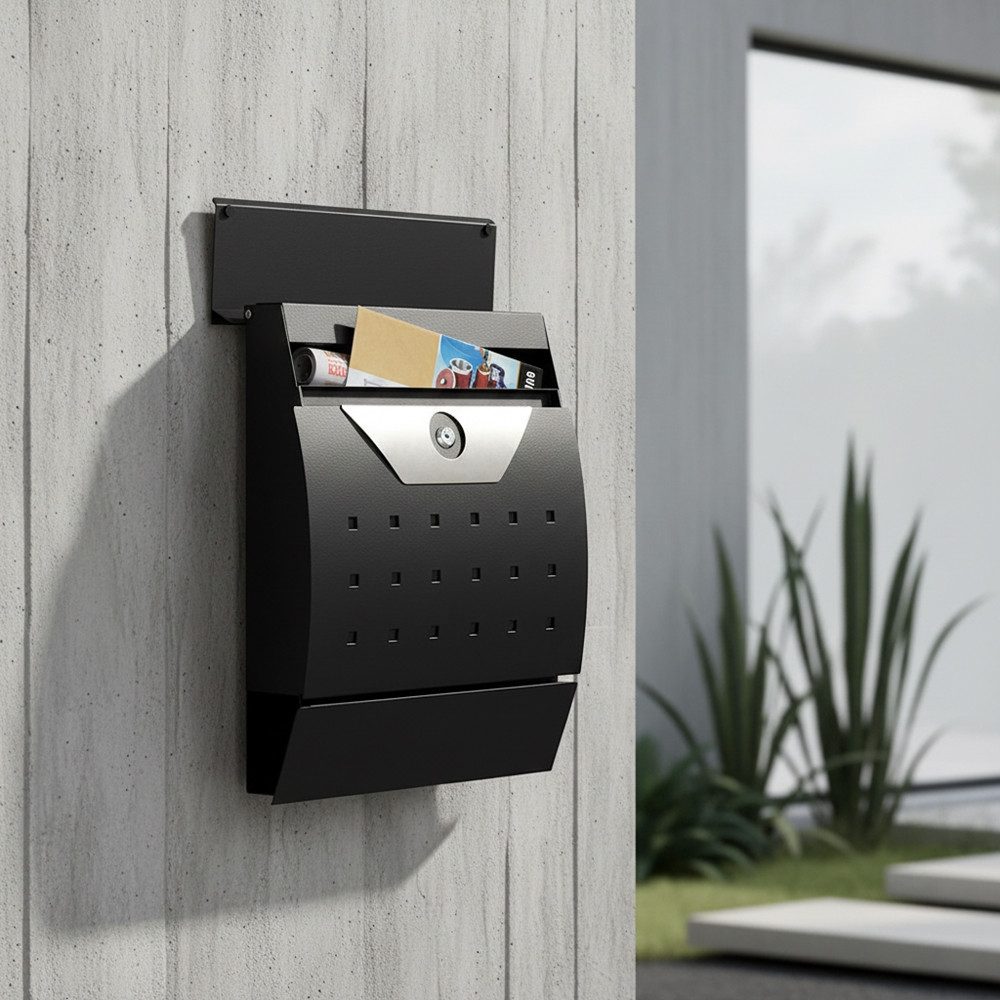 Mucola Briefkasten Wandbriefkasten halbrund Zeitungsrolle Namenschild Schwarz Briefkasten (Stück, 1-St., Premium-Briefkasten), inkl. 2 Schlüssel