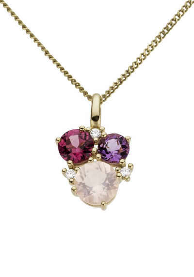 Firetti Kettenanhänger Schmuck Geschenk Gold 333 Halsschmuck Anhänger für Halskette Amethyst, mit Amethyst, Pink Rhodolit, Rosenquarz und Brillanten