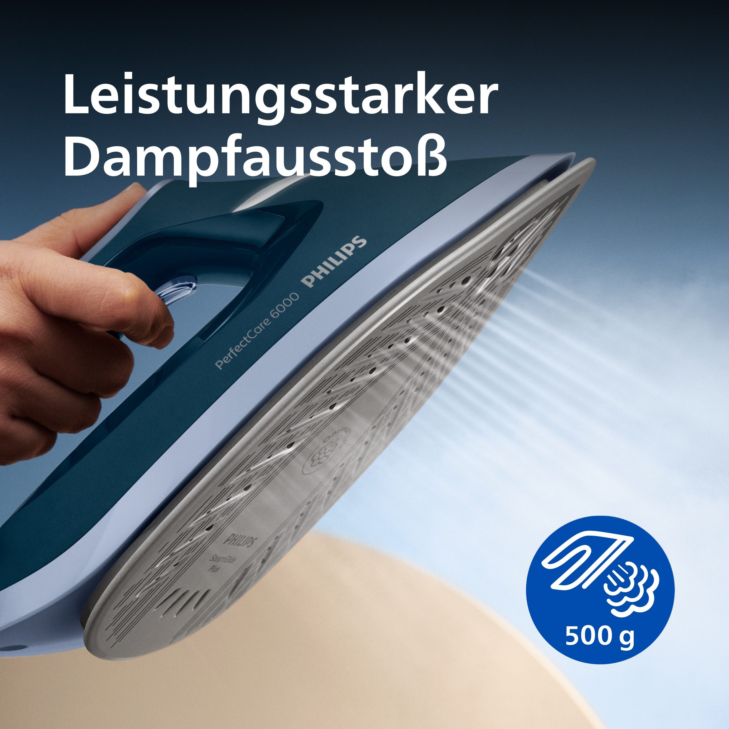 Philips Dampfbügelstation PerfectCare 6000 Series PSG6023/20, Dunkelblau, 1800 ml Wassertank, 2.400 Watt, OptimalTemp & SteamGlide Plus Bügelsohle, 500gr Dampfstoß