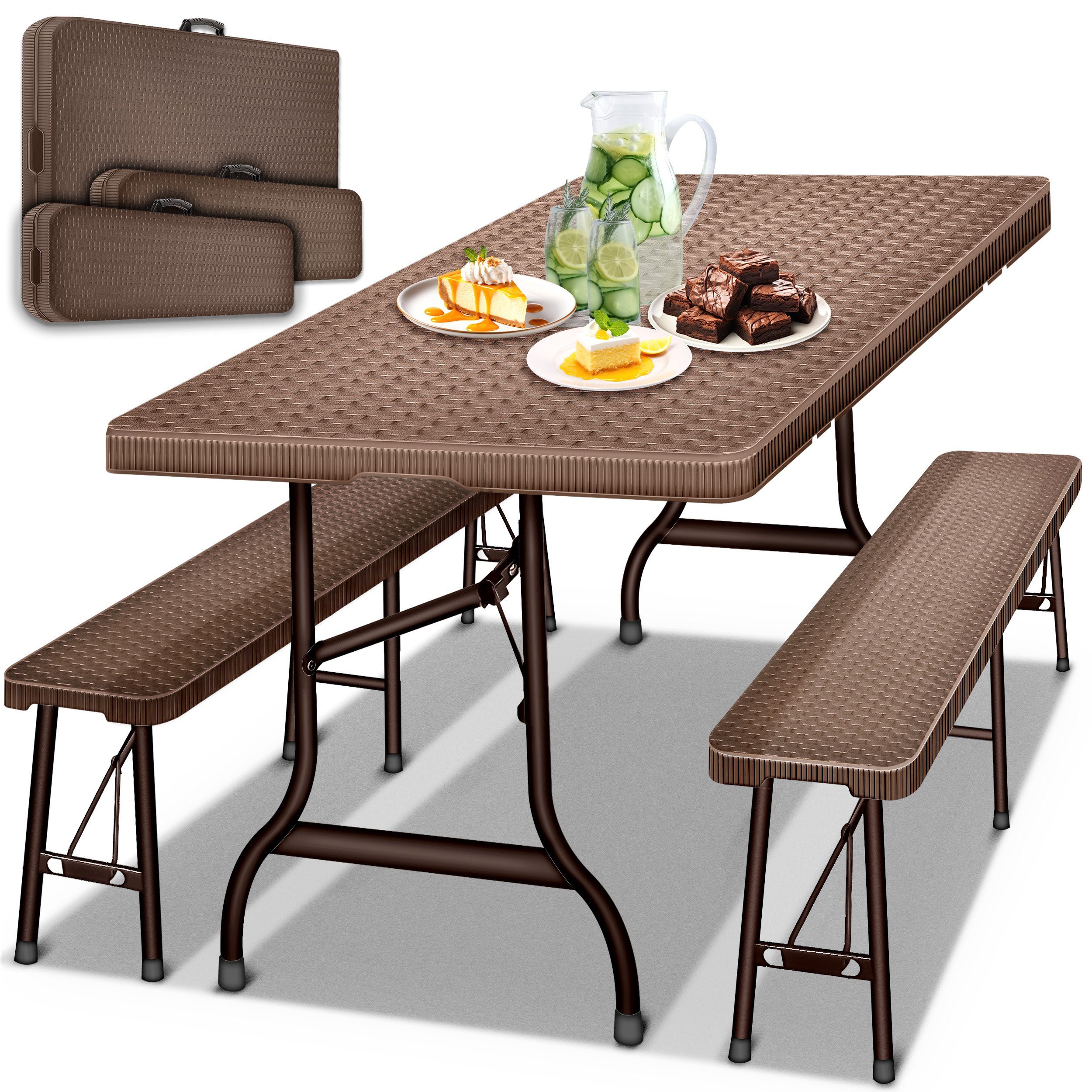 tillvex Bierzeltgarnitur klappbar 3-teilig Set Rattan Gartengarnitur wetterfest 180 cm, (Gartenmöbel Set Indoor & Outdoor mit Gartentisch und Bänken, Festzeltgarnitur)