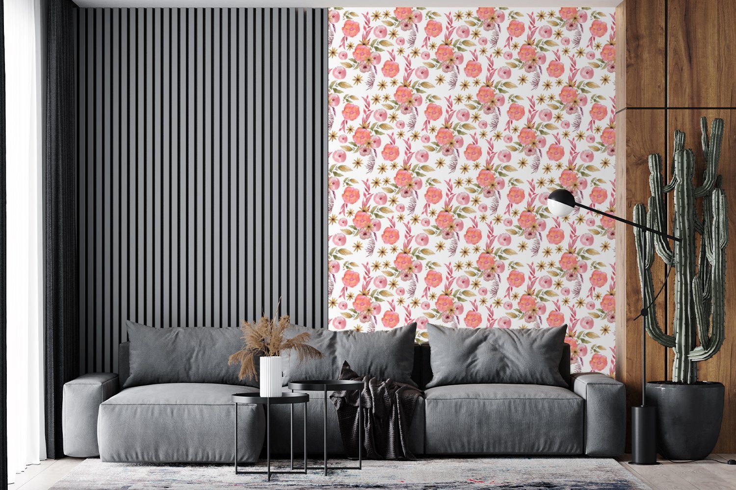 Rosa, Wohnzimmer, - Fototapete St), - MuchoWow (3 Tapete Collage Blumen bedruckt, Vinyl Wandtapete für Matt, Montagefertig