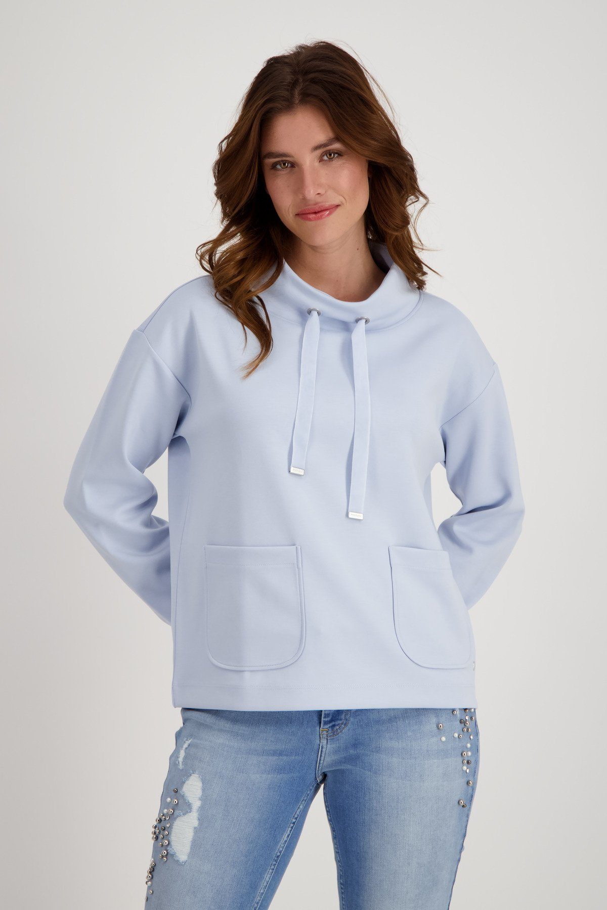 Monari Kapuzensweatshirt Sweatshirt mit Stehkragen und aufgesetzten Taschen Blau
