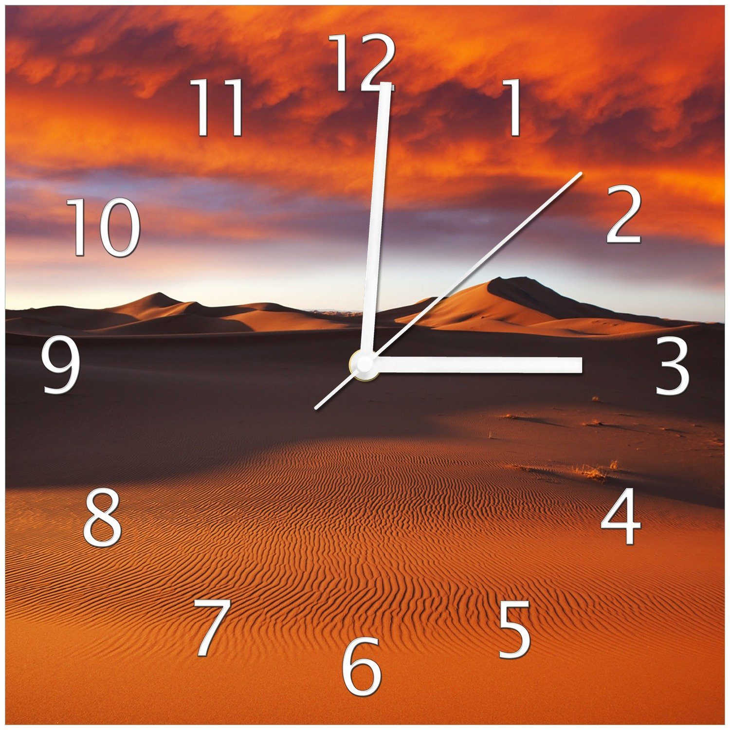 Wallario Wanduhr Sahara Wüste II - Sanddünen im Sonnenuntergang (Glasuhr) | Wanduhren