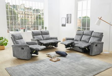 luma-home 3-Sitzer 15128, Sofa mit halbautomatischer Relaxfunktion 180 cm breit, Federkern, Wellenunterfederung, Bezug Velours, Vintage Grau