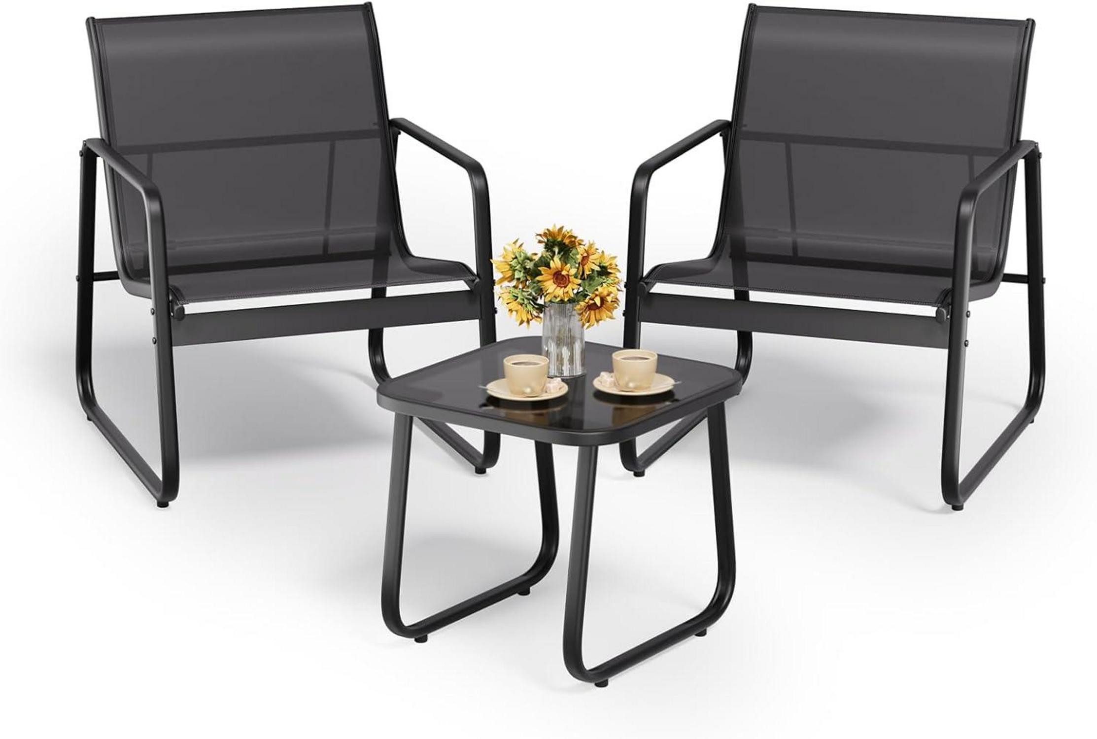 LuxusKollektion Balkonset 3-teiliges Balkon-Set, Bistro-Set mit Textilene-Gewebe, Glas-Tisch & 2