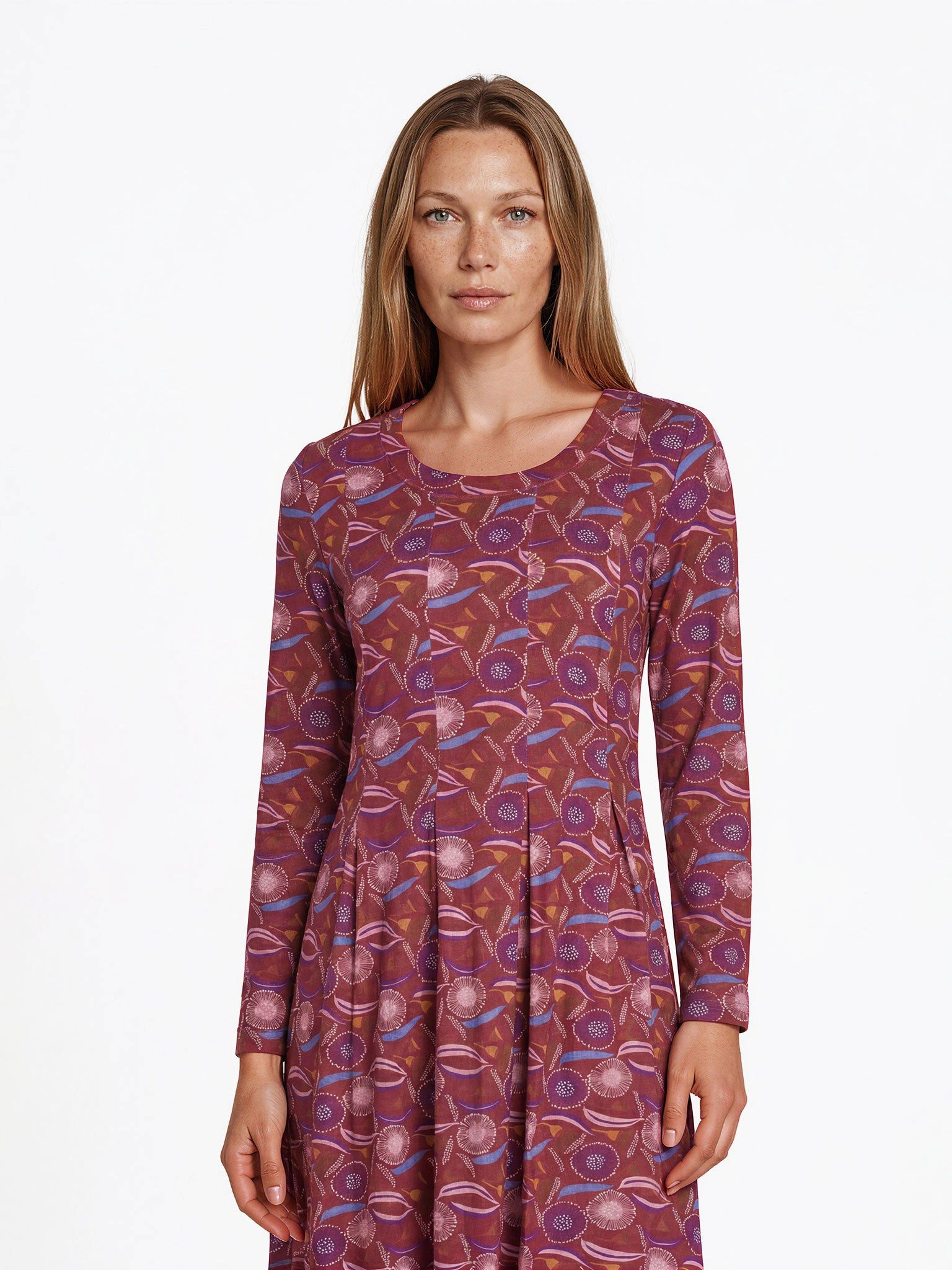 Himalaya Clothing Midikleid Damen Regular Fit Langarm Kleid Viskose Allovermuster casual Mit seitlichen Eingriffstaschen und leichtem Stretch für Komfort