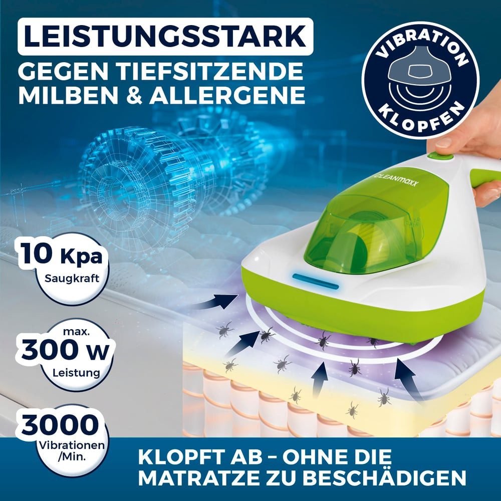 CLEANmaxx Matratzenreinigungsgerät Milben-Handstaubsauger Kompakt mit UV-C Licht, 300 W, mit Beutel, Saubere Matratzen Betten frei von Milben Bakterien Staub
