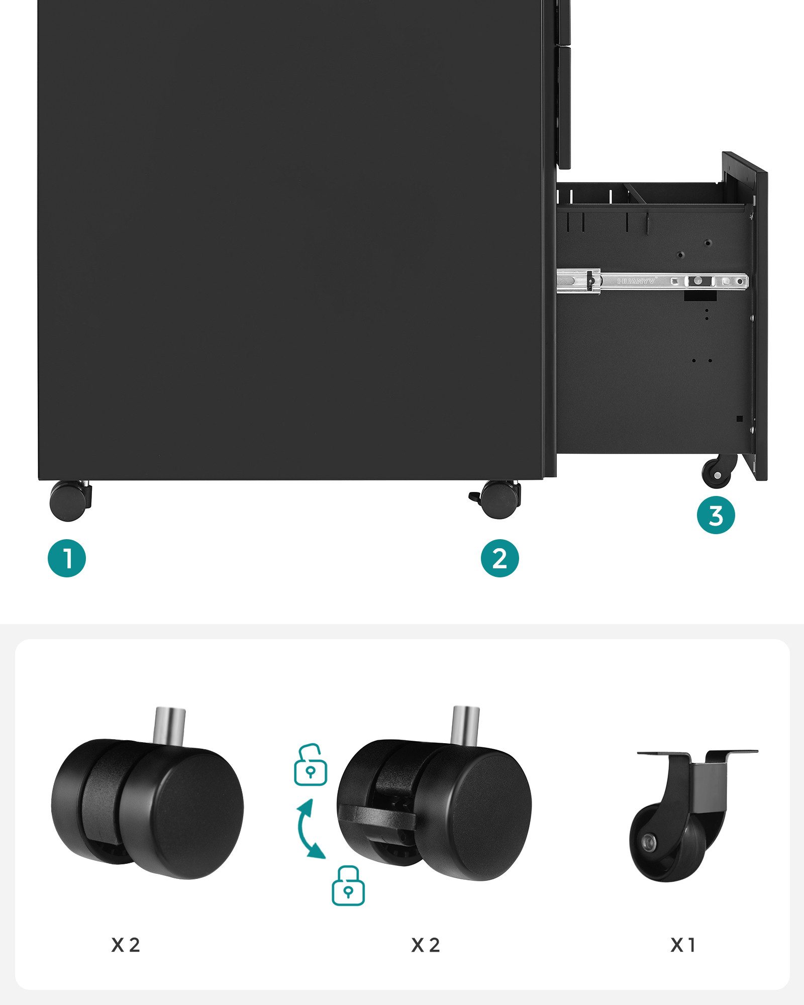 SONGMICS Aktenschrank Rollcontainer unter Schreibtisch 45 x 30 x 60 cm, mit 3 Schublade, vormontiert, mit Hängeregistratur – Bild 5 von 5