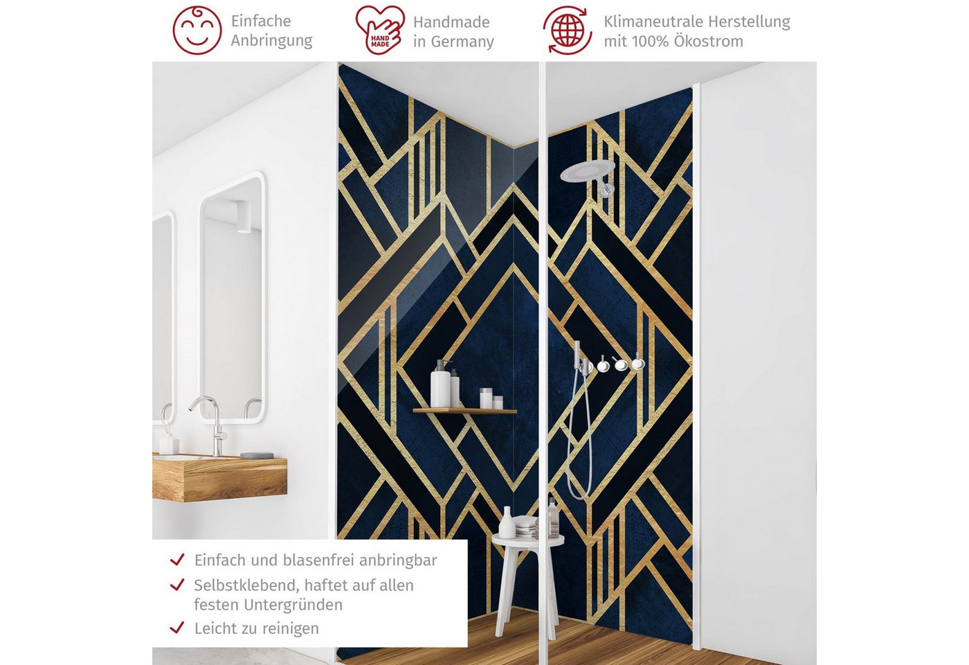 Thumbnail - Bilderdepot24 Badrückwand Muster gold Duschrückwand ohne Bohren Dusche Aquarell, (2-tlg., Hart-Folie Premium matt 0,61 m...