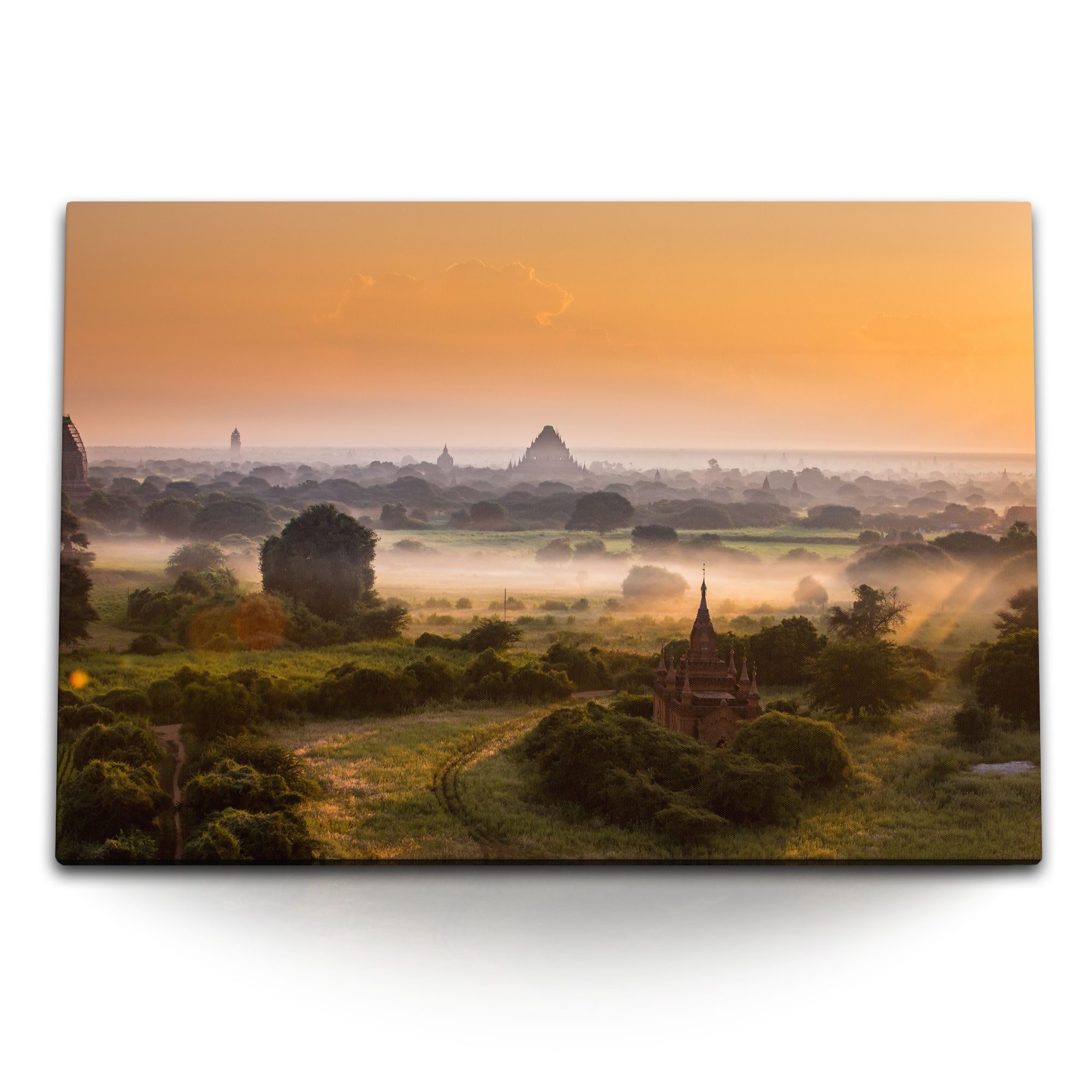 Leinwandbild 120x80cm Wandbild auf Leinwand Myanmar Tempelanlage Dschungel Sonnenun